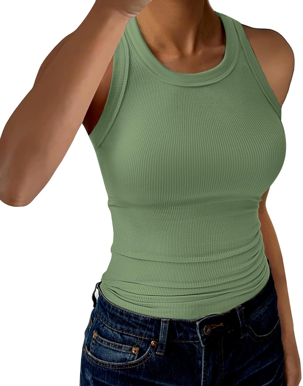 Womens Tank Tops High Neck Sleeveless Ribbed Tank Casual Basic Thick Strap Slim Fitted Racerback Shirts