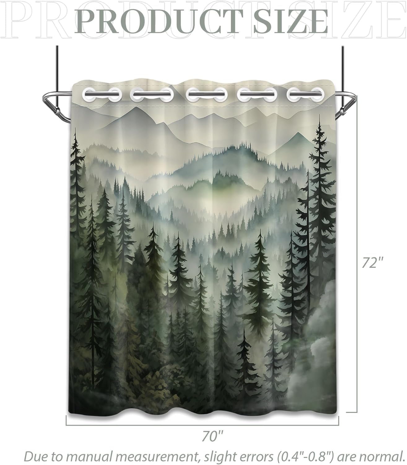 Forest Hookless Shower Curtain Magnets Weights Bottom No Hooks Magnetic Shower Curtains for Bathroom Decor, Mountain Rustic Nature Theme, Waterproof Polyester Fabric, 70x72 in