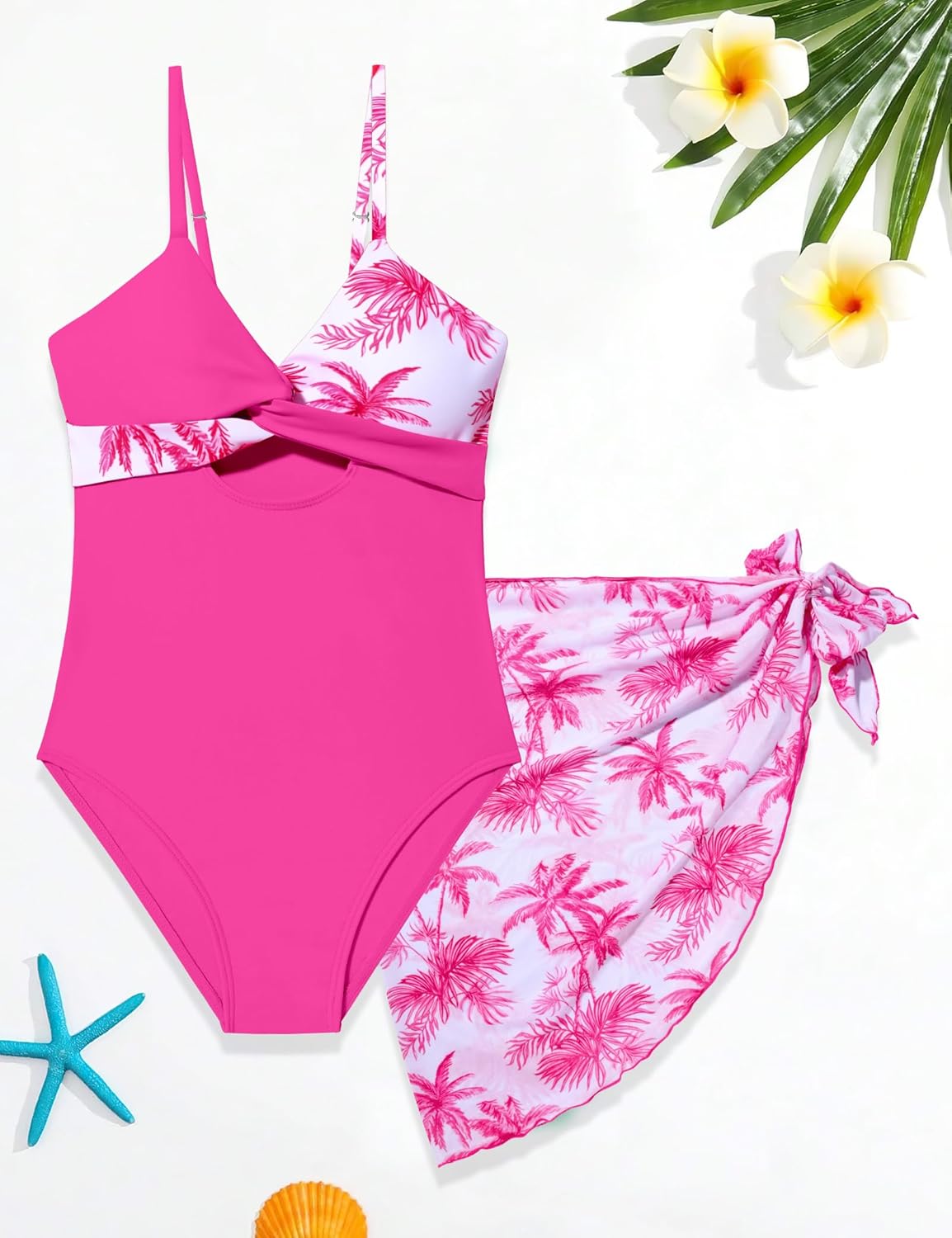 Girls'Swimwear One Piece Kids Swimsuits for Girls Tropical Twist Cross Bathing Suits with Cover Up Skirt - Image 4