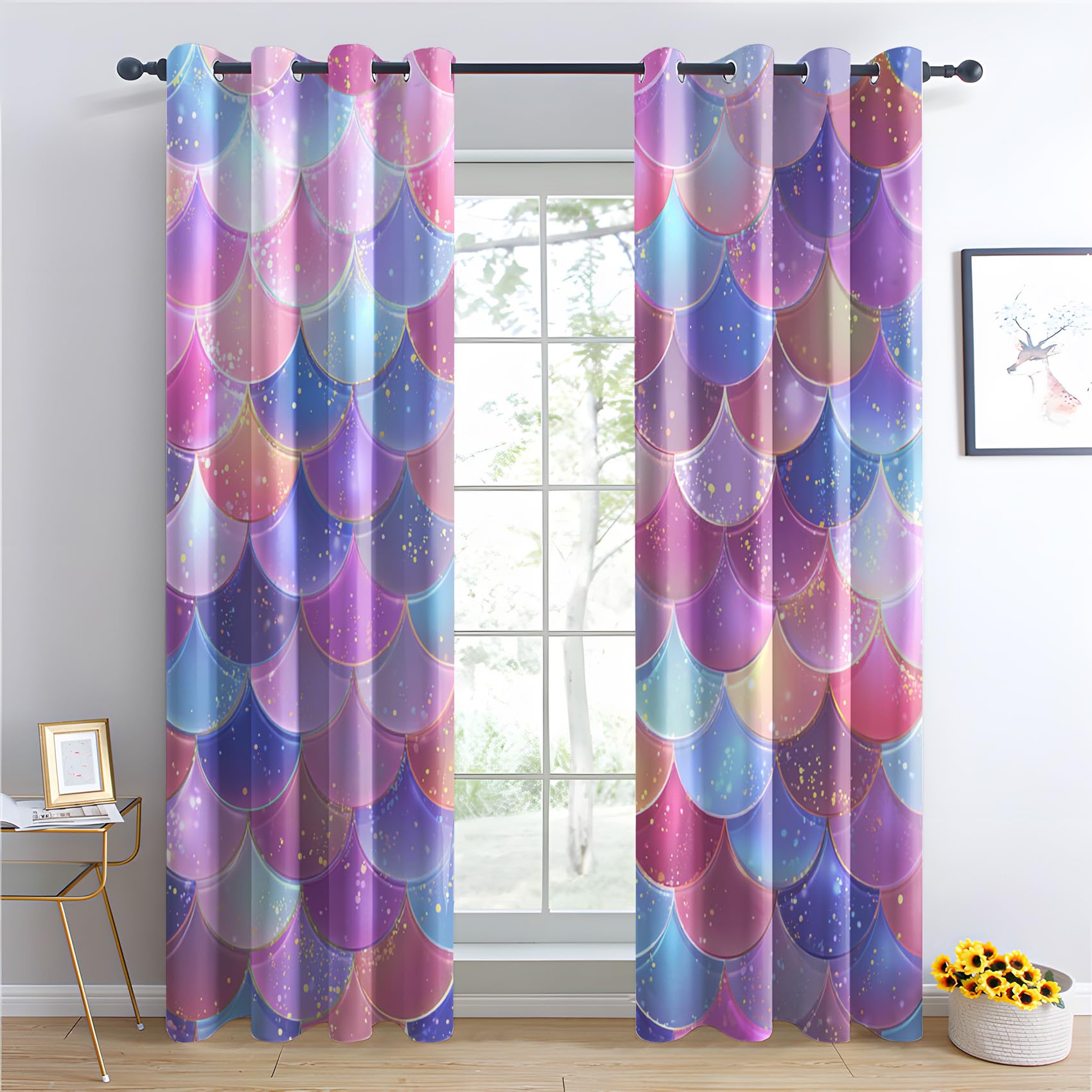 Venivici Mermaid Scale Blackout Curtains for Bedroom Living Room - 72 Inch Drop Curtains Eyelet, Girls Ombre Pastel Fish Scales Patterned Window Treatments, Thermal Insulated Drapes 66x72 2 Panels