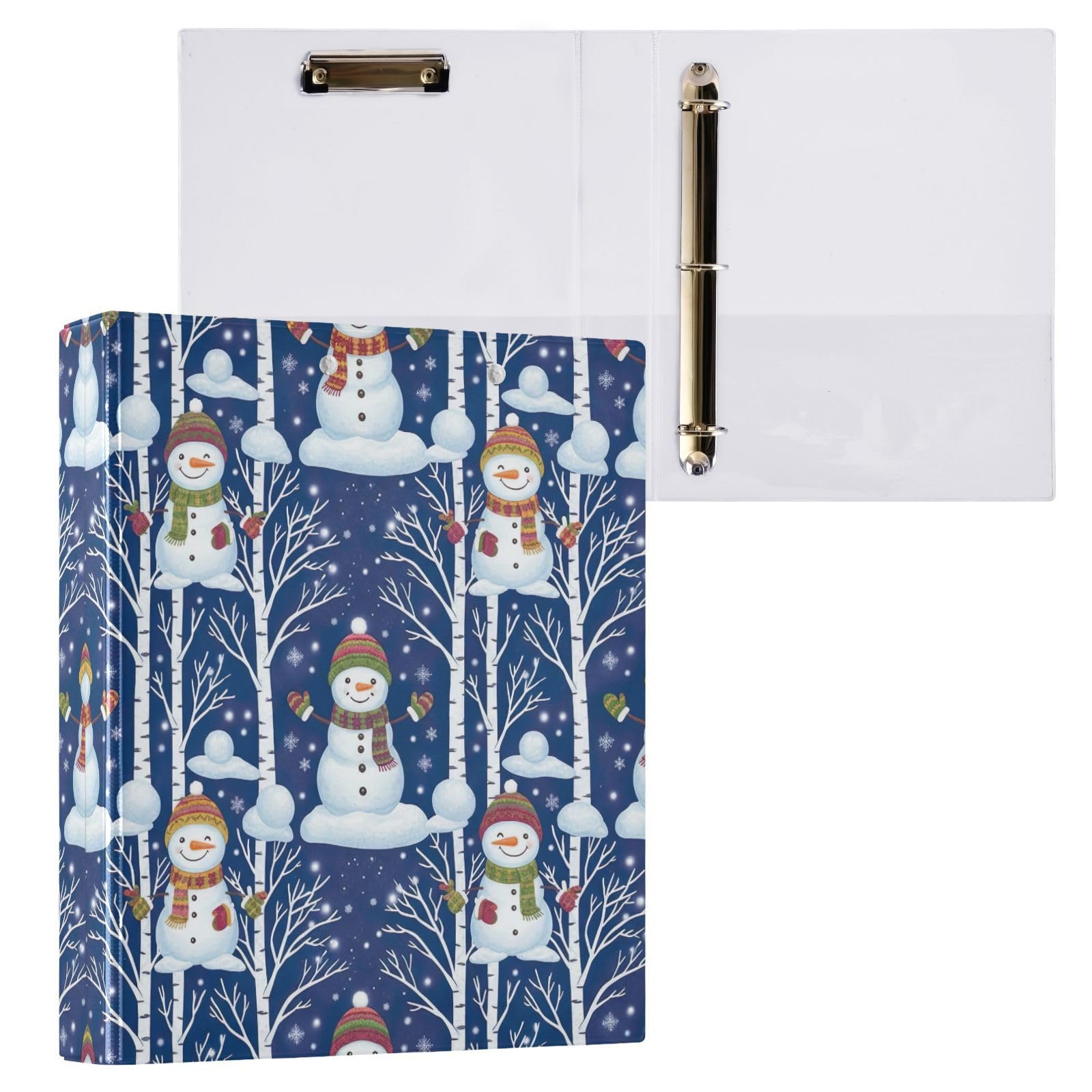 Snowmen - Carpeta de 3 anillos de invierno, color blanco y azul, carpeta de anillos en D, paquete de 2 | Con portapapeles y bolsillos, para escuela, universidad, oficina