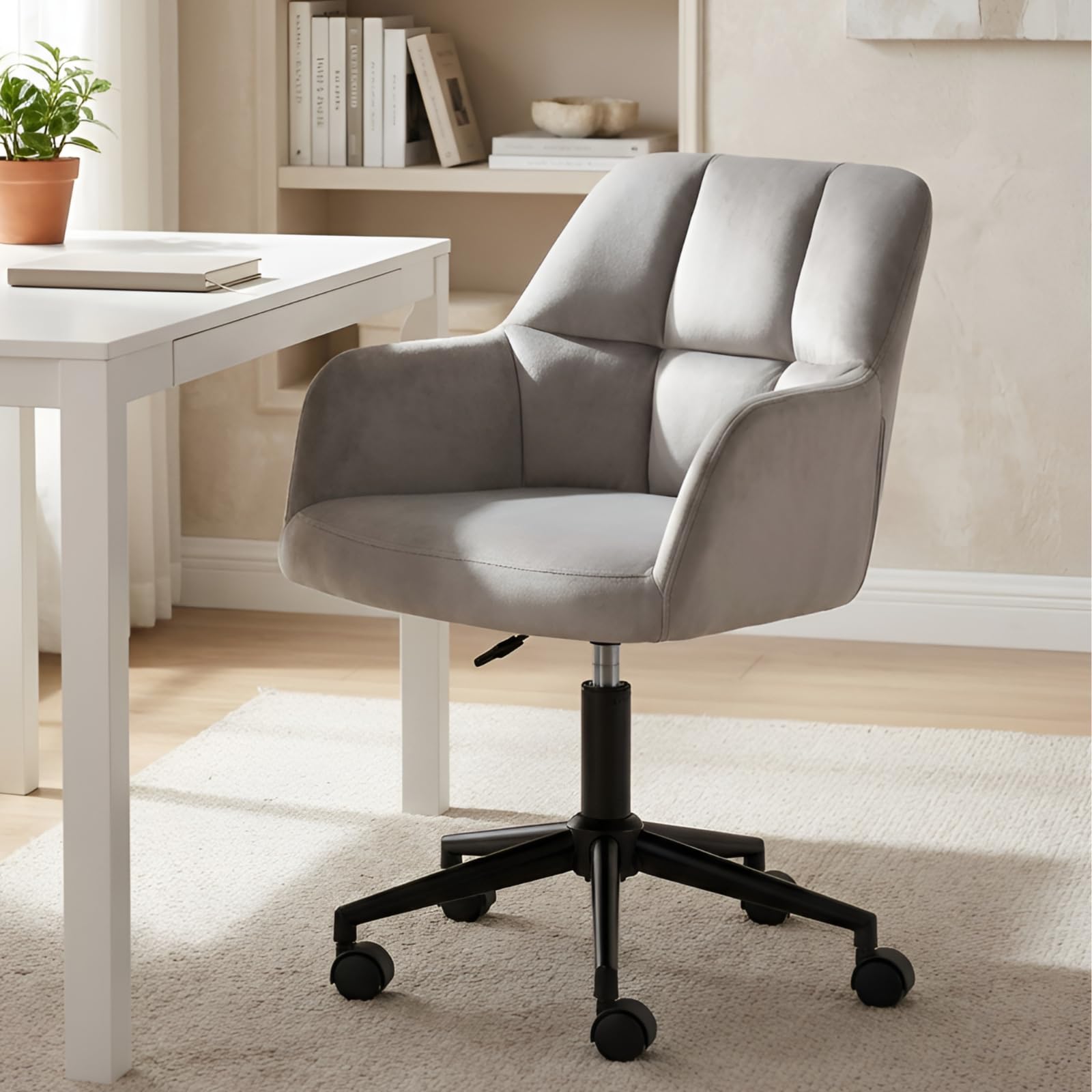 Ya-Home Ruffled Velvet Office Desk Chair, Dressing Table Chair with Cushion and Soft Back, Gaming Chair for Bedroom/Office/Studio, Grey