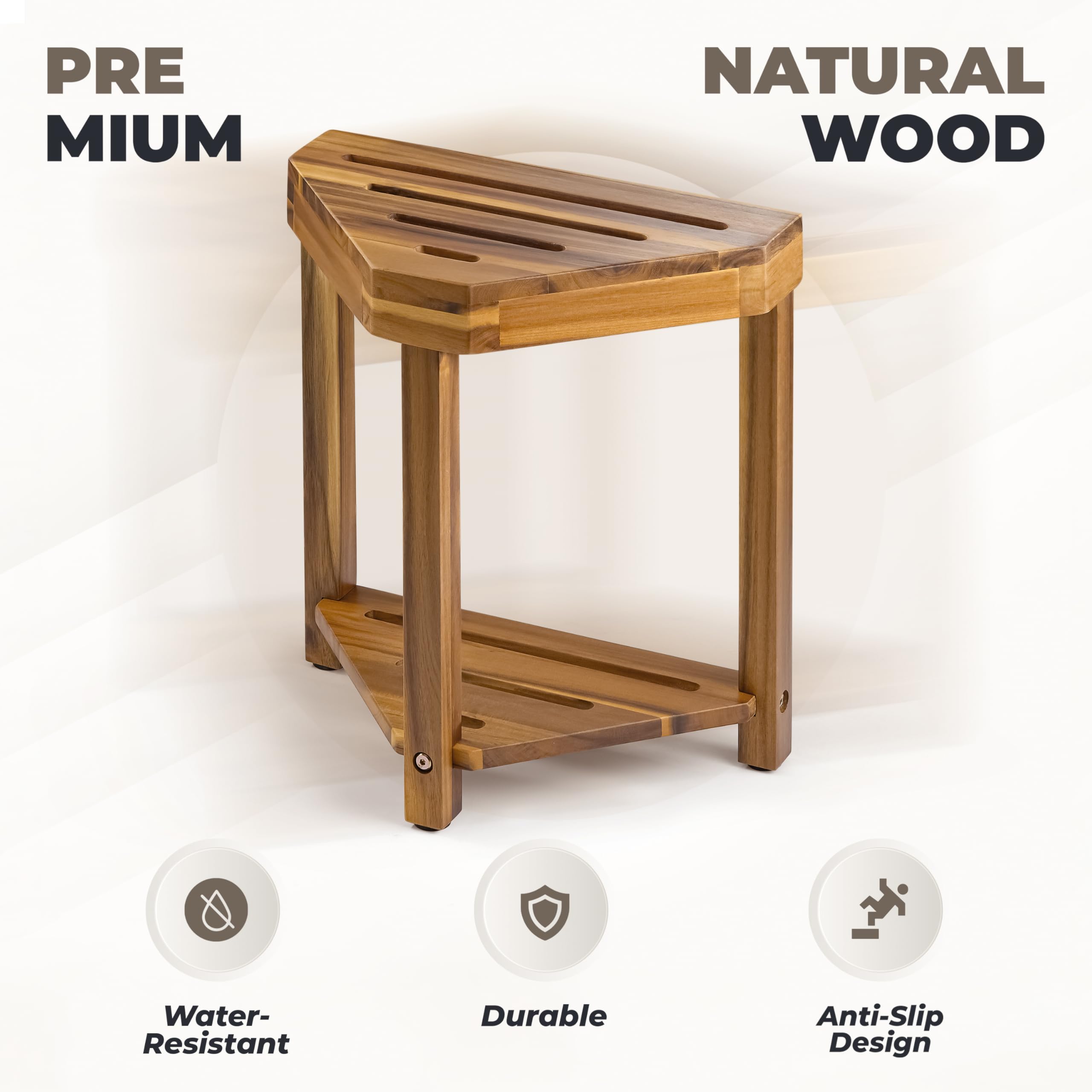 BLUEWEST Reposapiés de ducha, taburete de ducha de esquina, taburete de ducha de madera para afeitarse las piernas, reposapiés de ducha impermeable con estante de almacenamiento para pequeños espacios