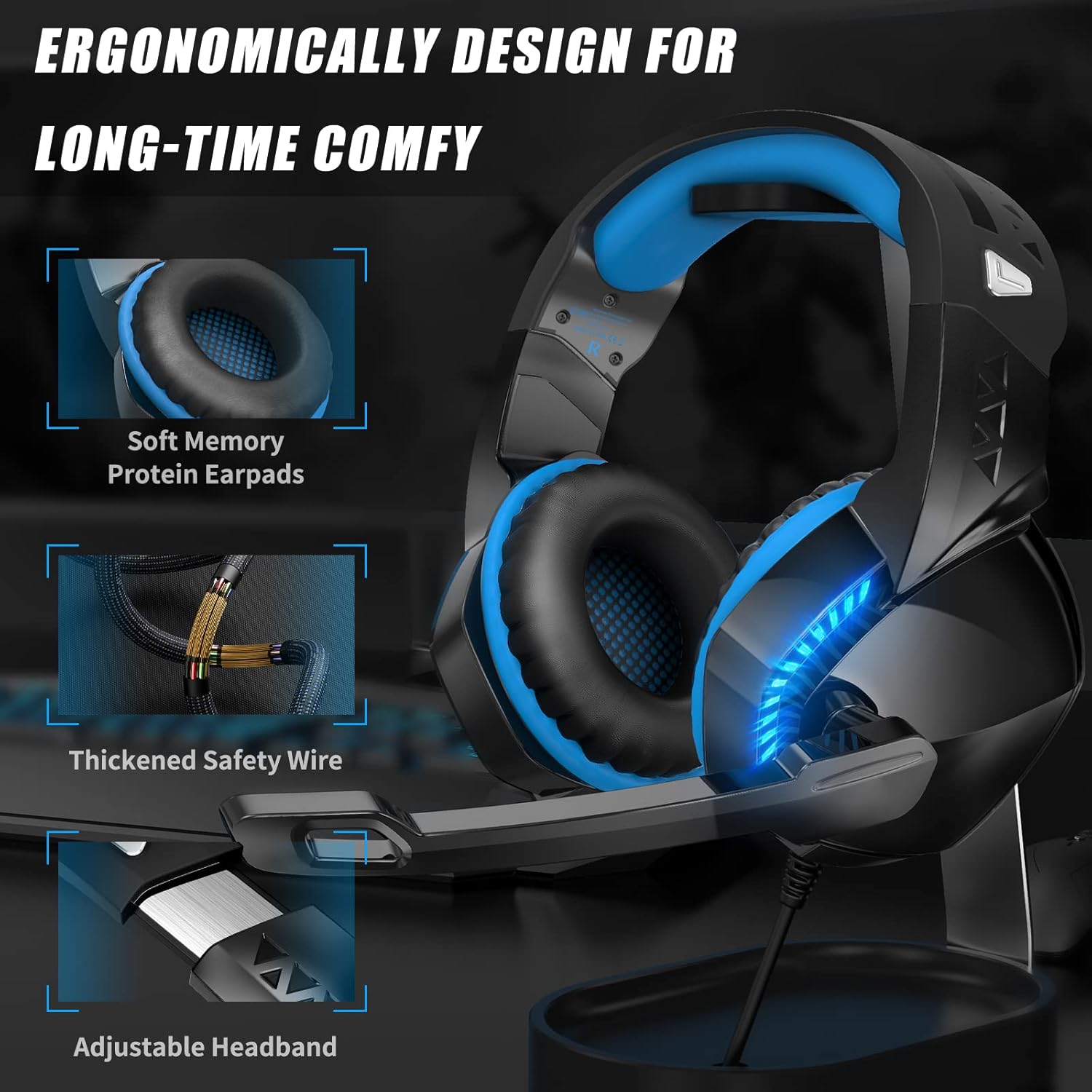 Gaming Headset for PS4 PS5 PC Xbox One, PS4 Headset with Microphone Noise Cancelling, 3D Stereo Surround Sound, Adjustable Headband, LED Lighting