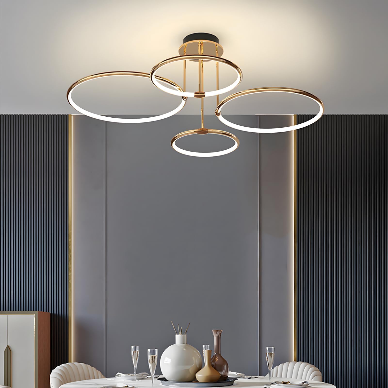 4 Ring Gold Led Deckenleuchte, Ø75cm | 85W Kronleuchter Stufenlos Dimmbar, Kreative Metallgalvanik Pendelleuchte, Moderne Lampe Für Schlafzimmer, Wohnzimmer, Kinderbüro Arbeitszimmer Küche