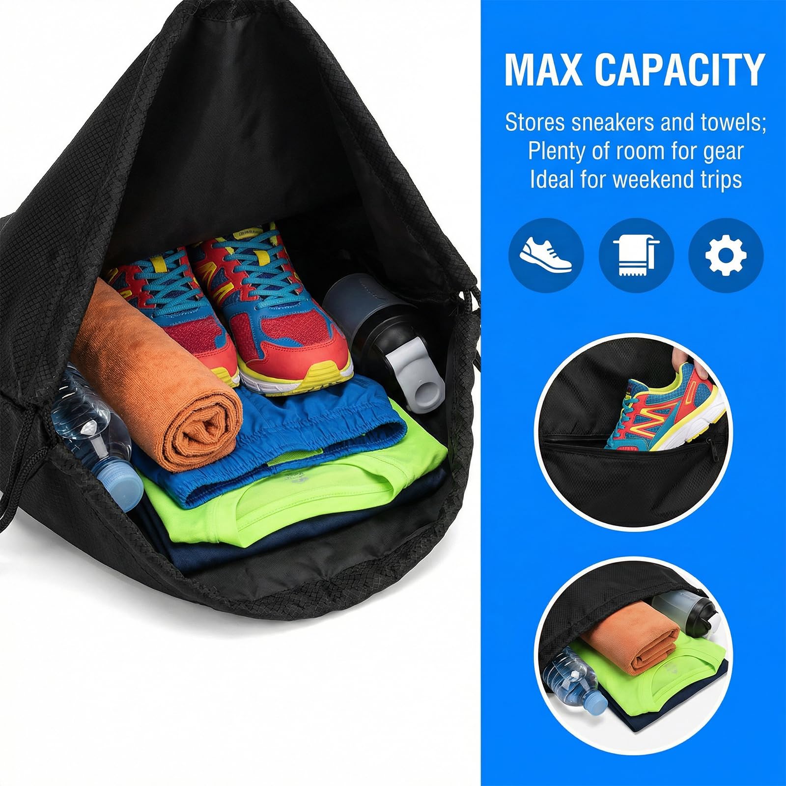 Mochila Impermeable Deportiva con Cordón, Bolsa de Gimnasio Gran Capacidad, Saco de Cuerdas para Hombre y Mujer