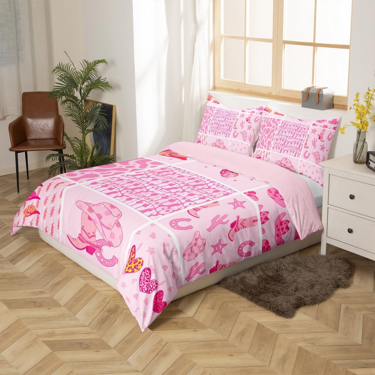 Feelyou Pink Western Decor Comforter Cover Set Full Size Wild West Cowgirl Bedding Set Children Cowgirl Boots Hats Horseshoes Bedding Duvet Cover Set Patchwork Grid Bedspread Cover 3Pcs(No Comforter)