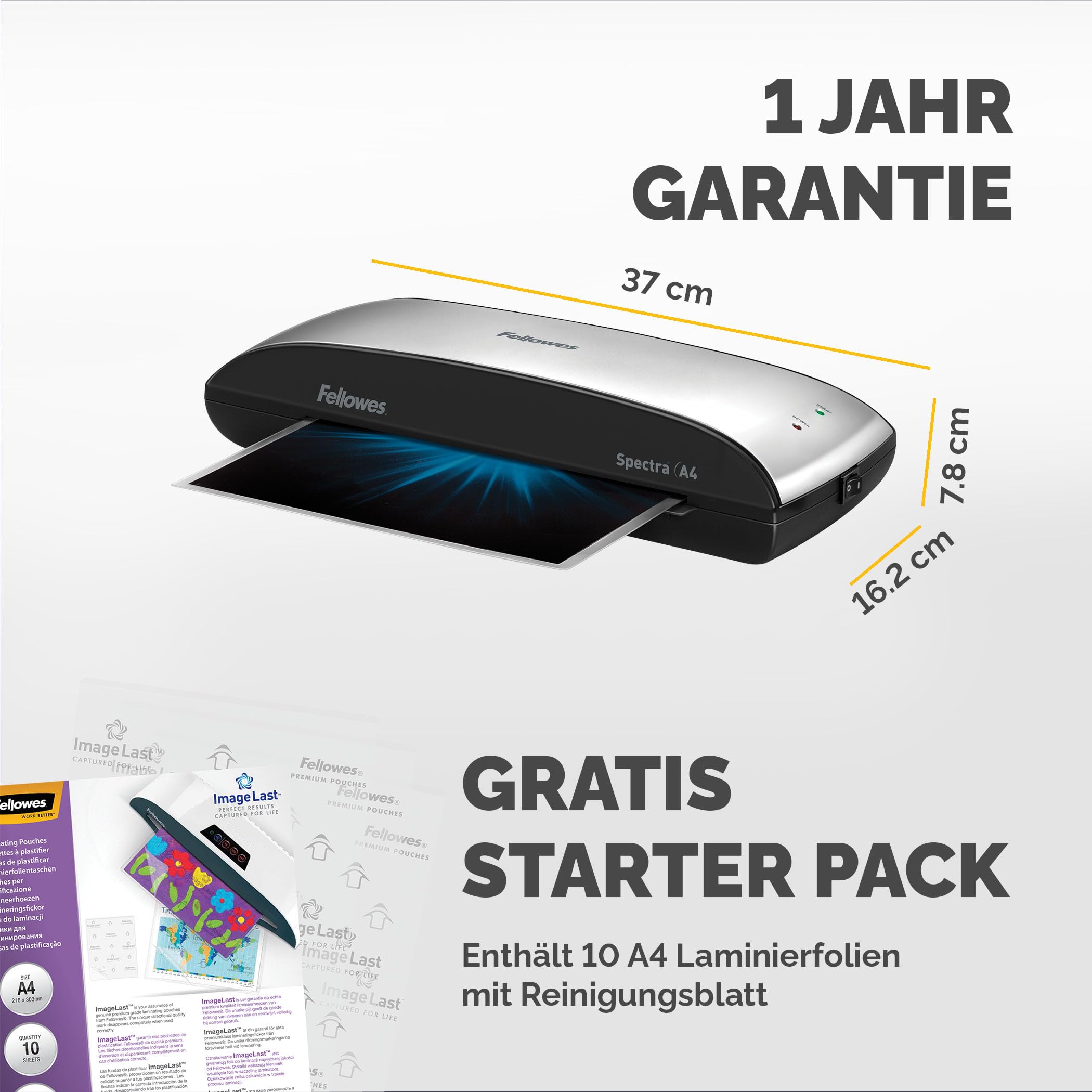 Fellowes A4 Laminiergerät, Spectra A4 für Einsteiger, für 80-125 Mikron Laminierfolien, bis A4 Format, für Zuhause/Home Office, inkl 10 gratis