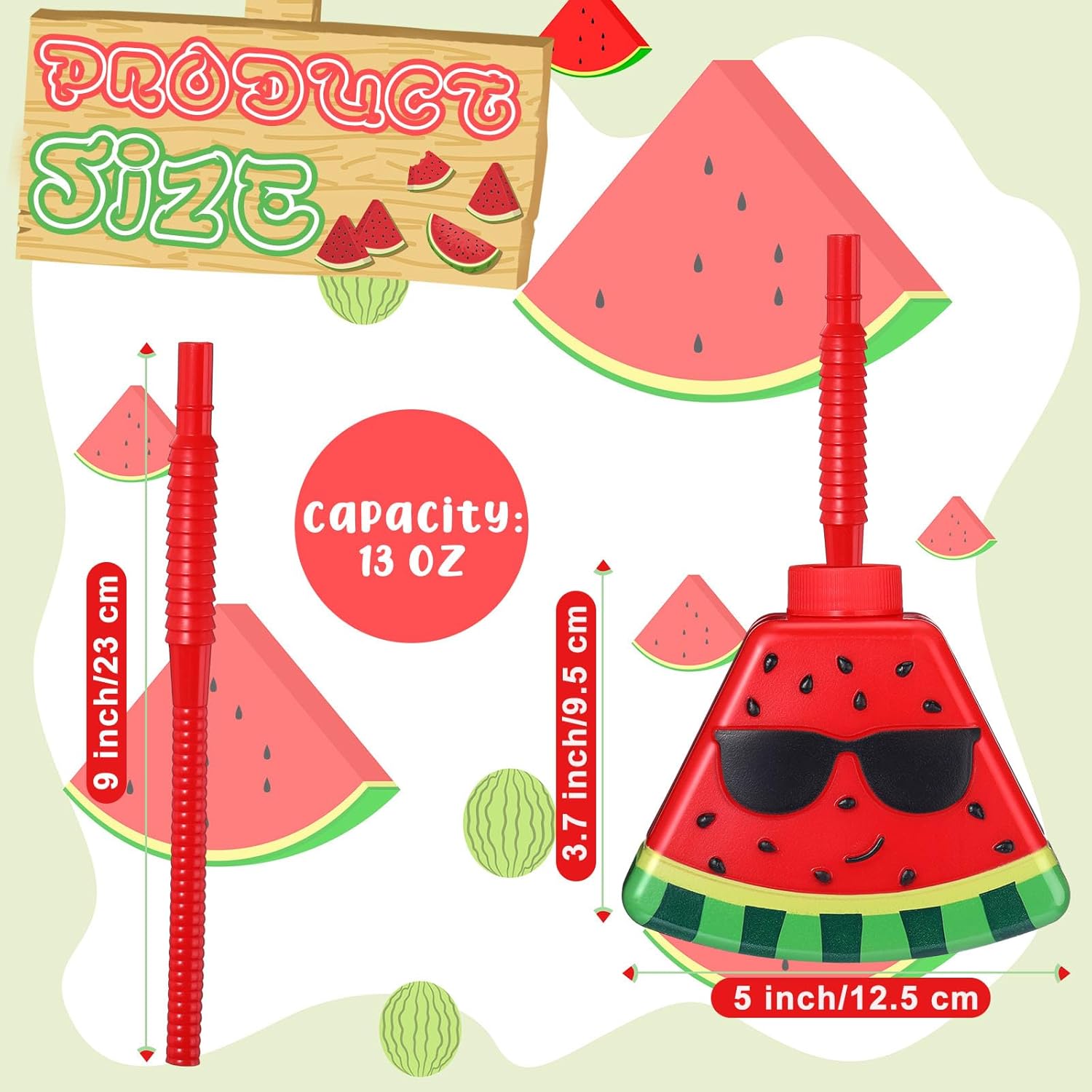 Dandat 24 Pcs Watermelon Birthday Decoration Party Favors 13oz Plastic Watermelon Shape Cups with Straws and Lids Fruit Party Sippy Cups for Christmas Stocking Stuffers