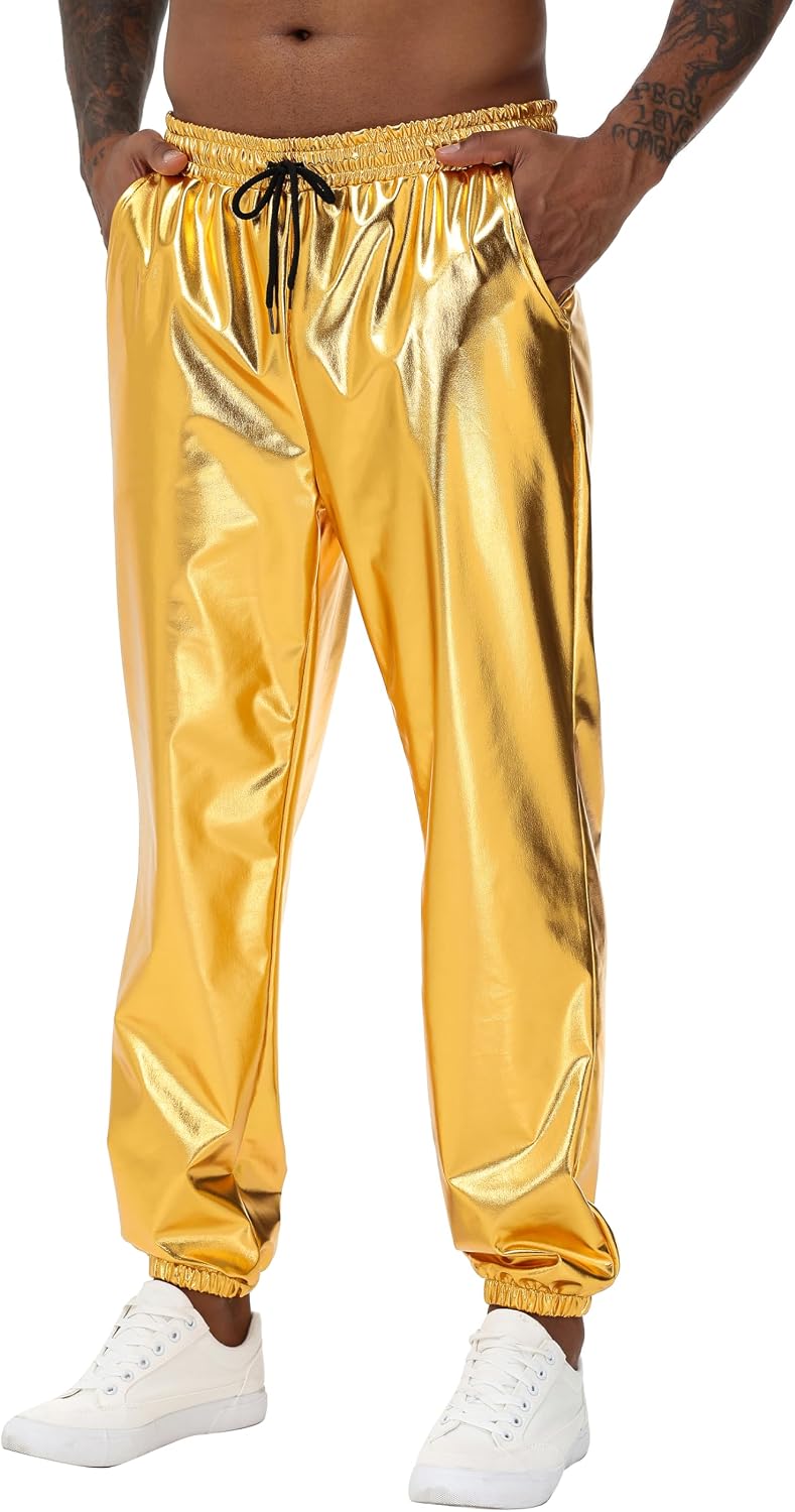 NewL Mens Gold Metallic Shiny Rave Night Club Pants Comfort Sweatpants Disco Dance Party Elastic Trousers