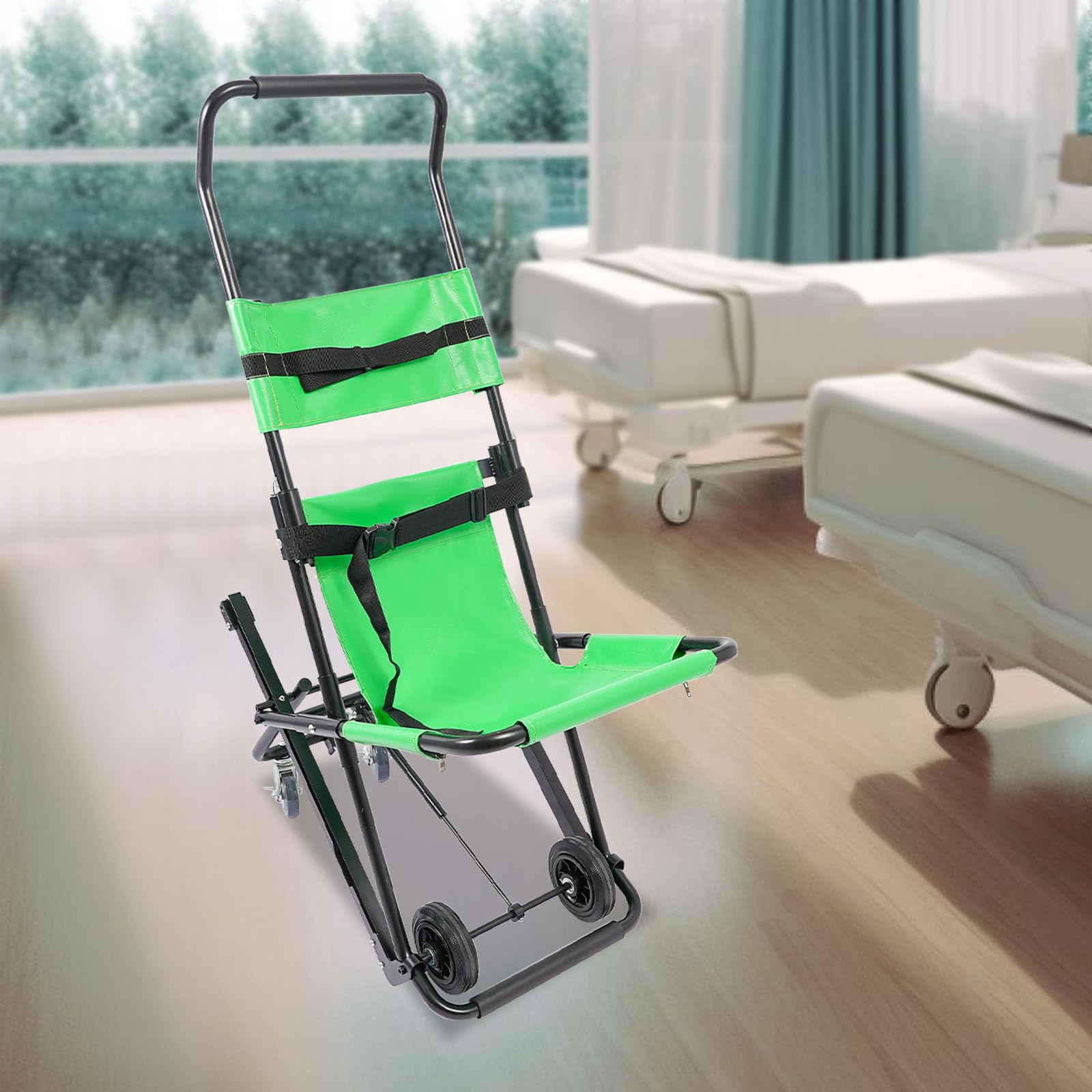 Silla de escalera manual de 4 ruedas, plegable, de aluminio, portátil, de evacuación de emergencia, capacidad de carga de 159 kg (verde)
