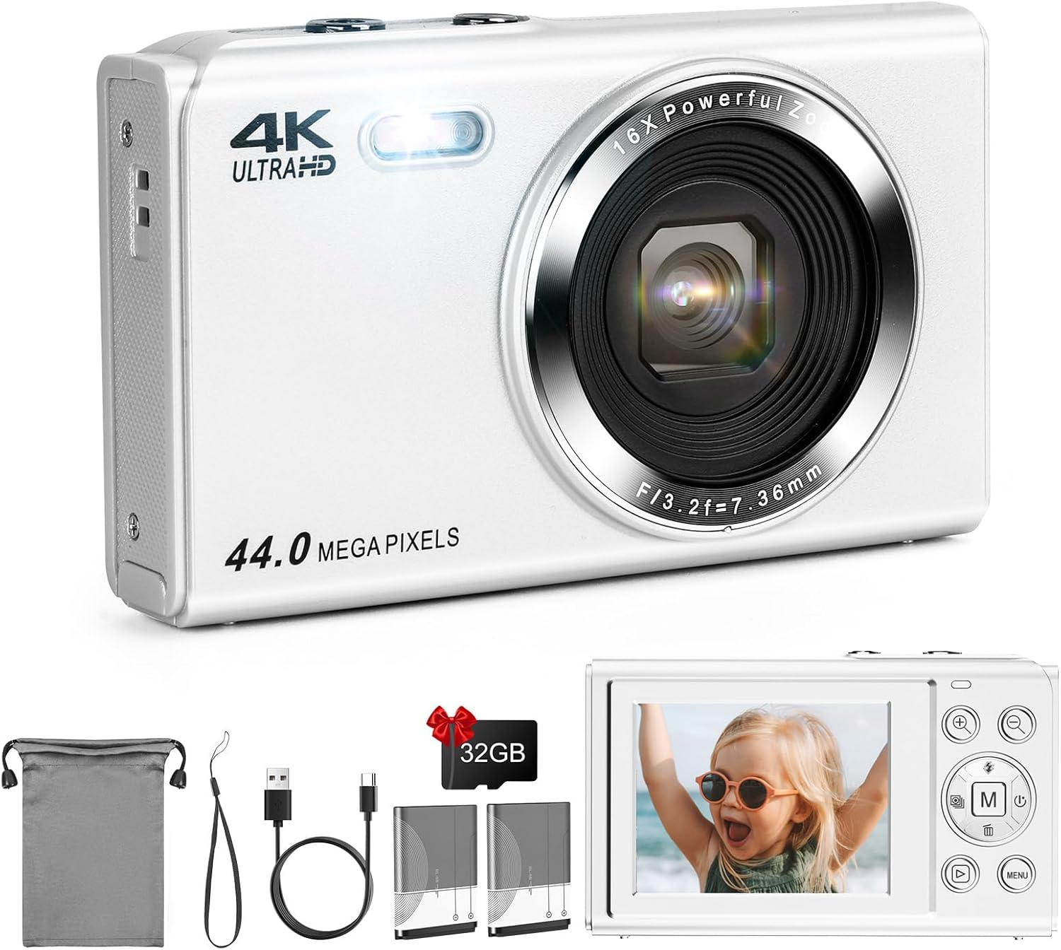LAMA 1080P FHD 44MP Digital Camera for Kids, Vlogging With 32GB SD Card, 16X Zoom, 2 Batteries, 2.4″ LCD Screen – For Boys, Girls, Teenagers – White