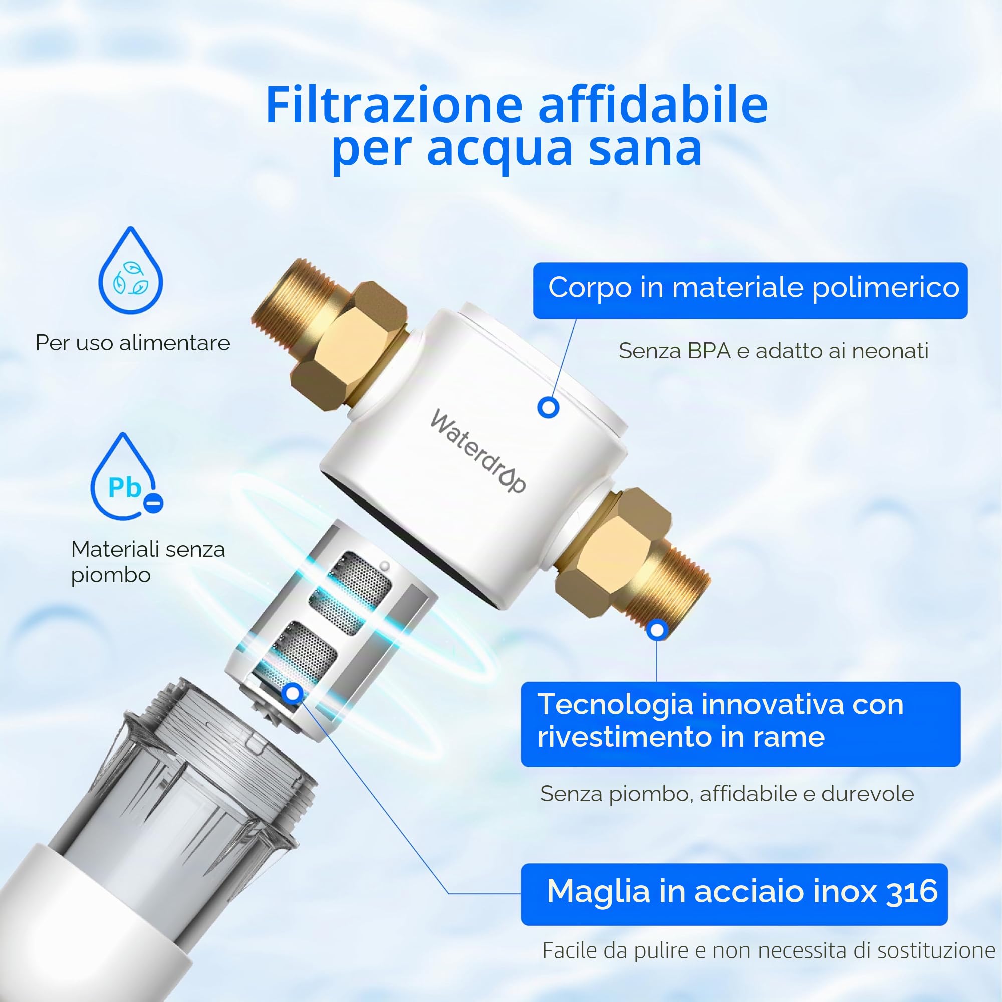 Waterdrop PF01 Filtro Sedimenti Spin Down, 50 Micron | Acqua Riutilizzabile per Tutta la Casa, Prefiltro Lavabile per Acqua di Rete e Acqua di Pozzo, 1" MNPT + 3/4" FNPT