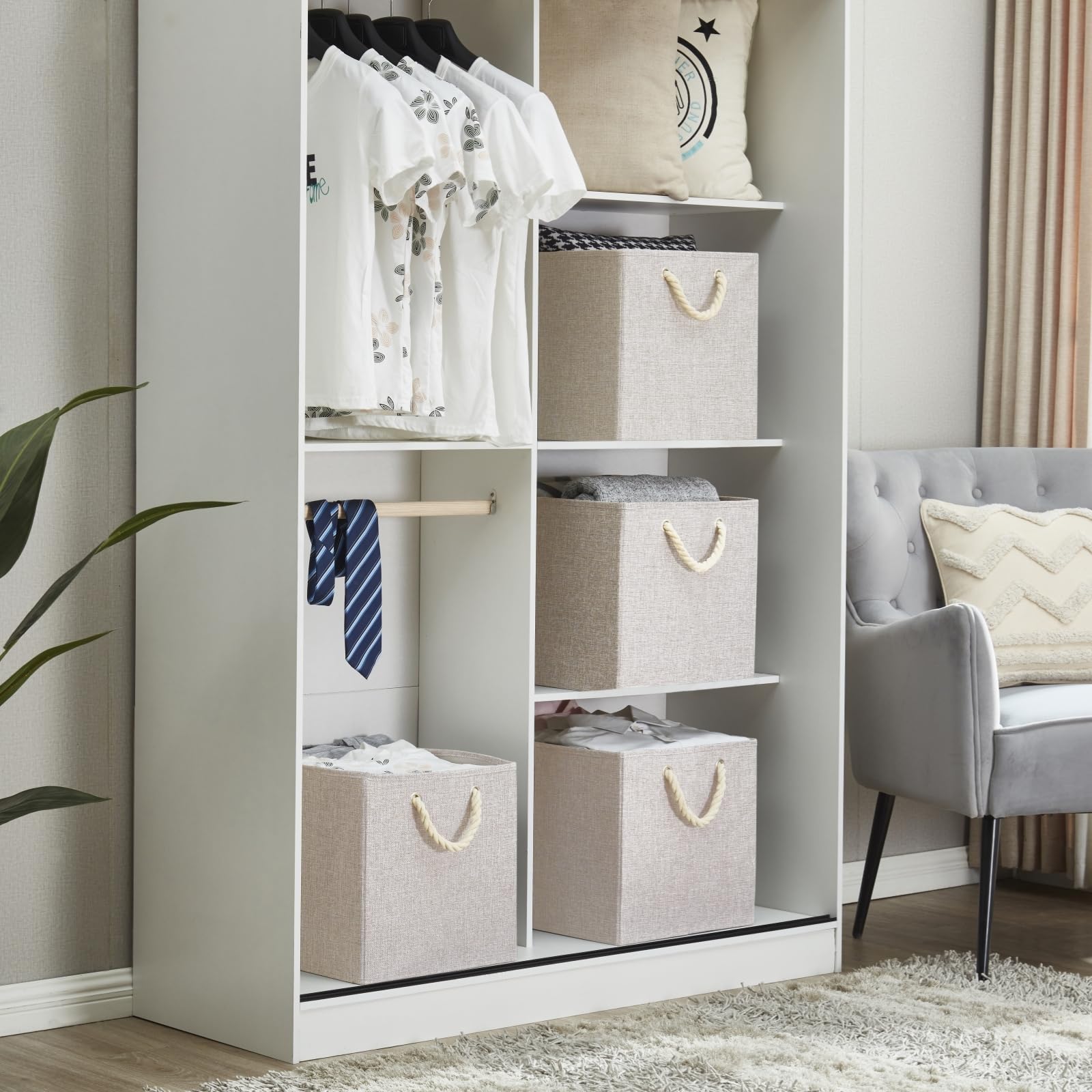 Mangata Cajas de almacenaje plegables, 33 x 38 x 33 cm Cubo de almacenaje con asas de cuerda, caja grande de tela para estantería cubo, organizador de ropa, crema