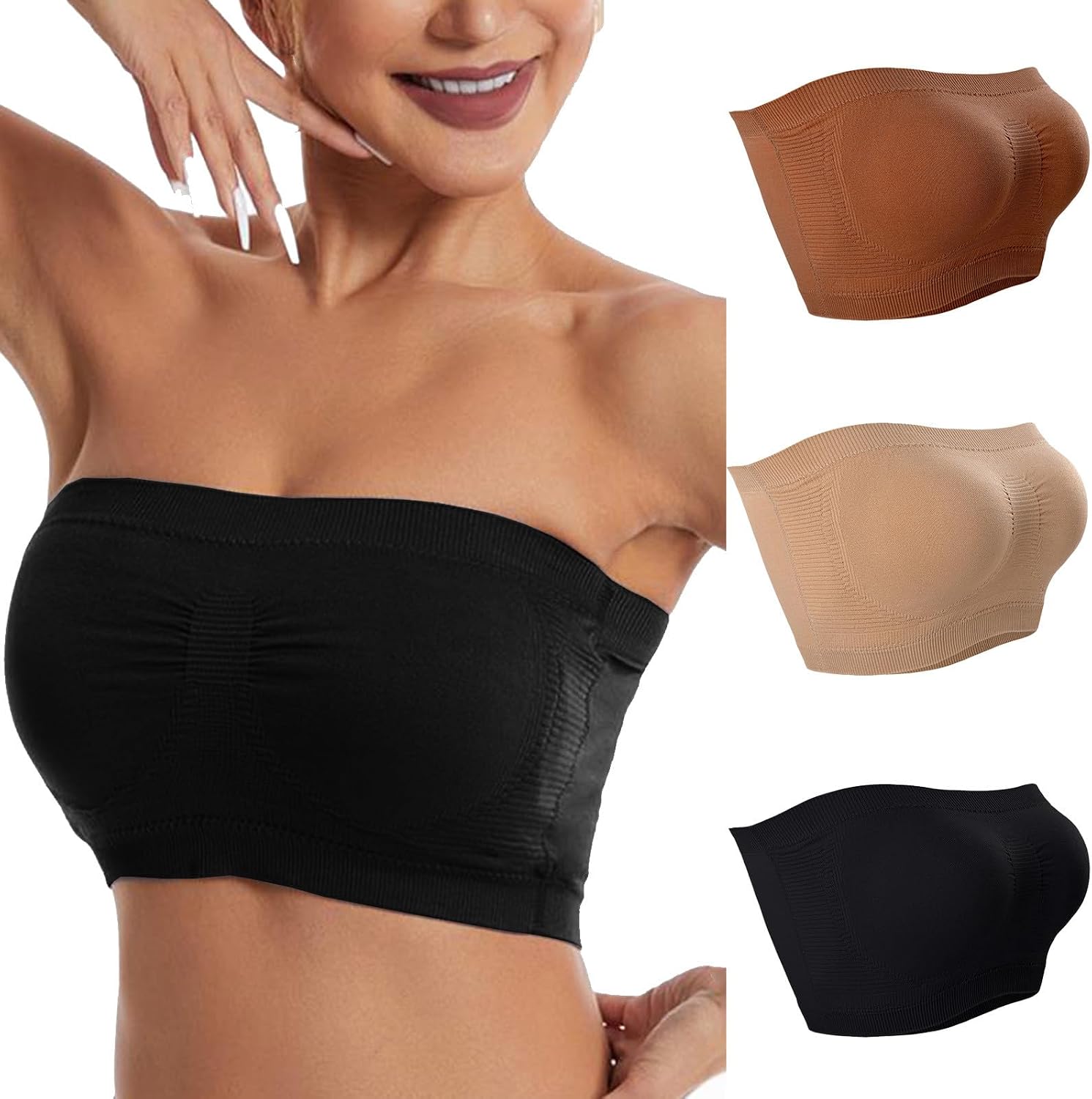 3 Pack Bandeau Bra for Women Stretch Non Padded Tube Top Bralette Strapless Non Slip Seamless Crop Top Basic Bra