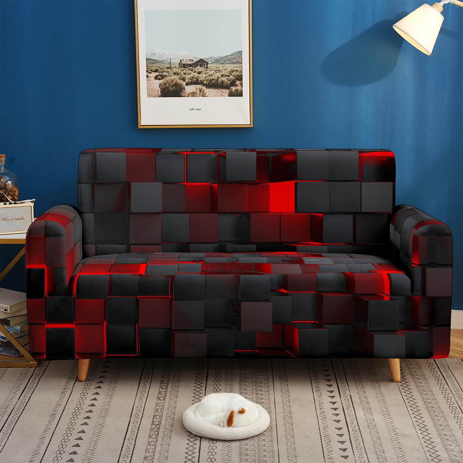 Housse Canape 2 Places Géométrie Noire Housse Canapé Extensible 1 Places,avec Accoudoirs,Super Élastique Sofa Cover,Antidérapante,Antisalissure,Lavable