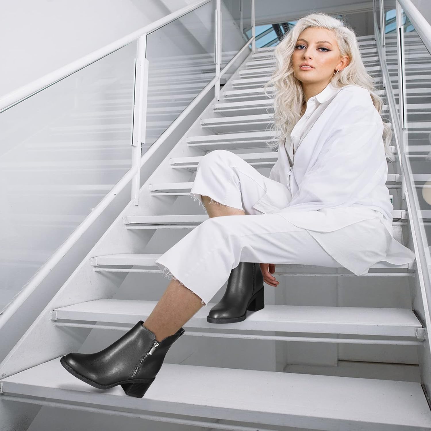 PIZZ ANNU Women's Fashion Ankle Boots Round Toe Low Chunky Block Heel Non-Slip Comfortable Short Boots Side Zipper Booties Shoes