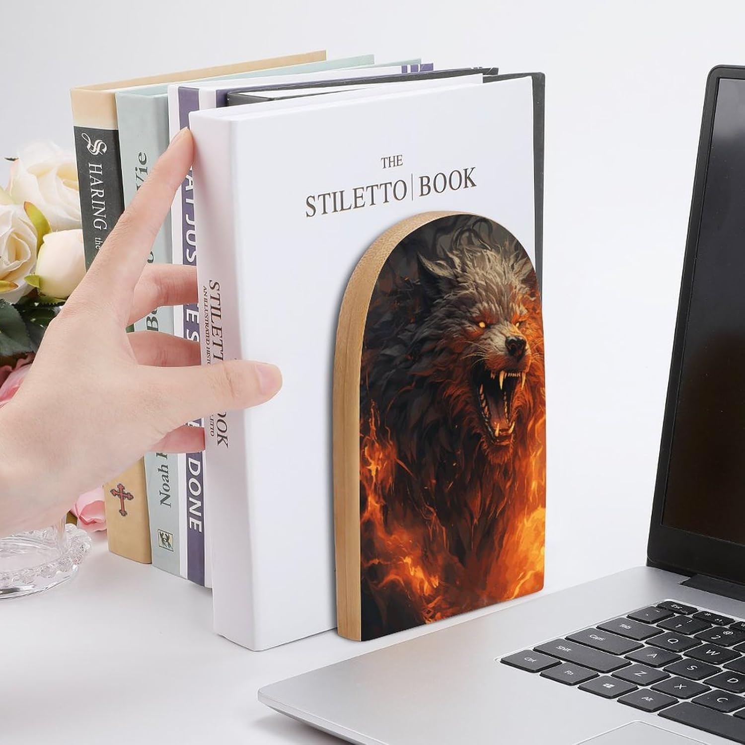 Wild Wolf in The Fire Book Ends Wooden Bookends Non-Skid Metal Base Heavy Duty Book Shelves Decor, Decorative Bookends for Books/CDs Bookshelf Table Home Decor