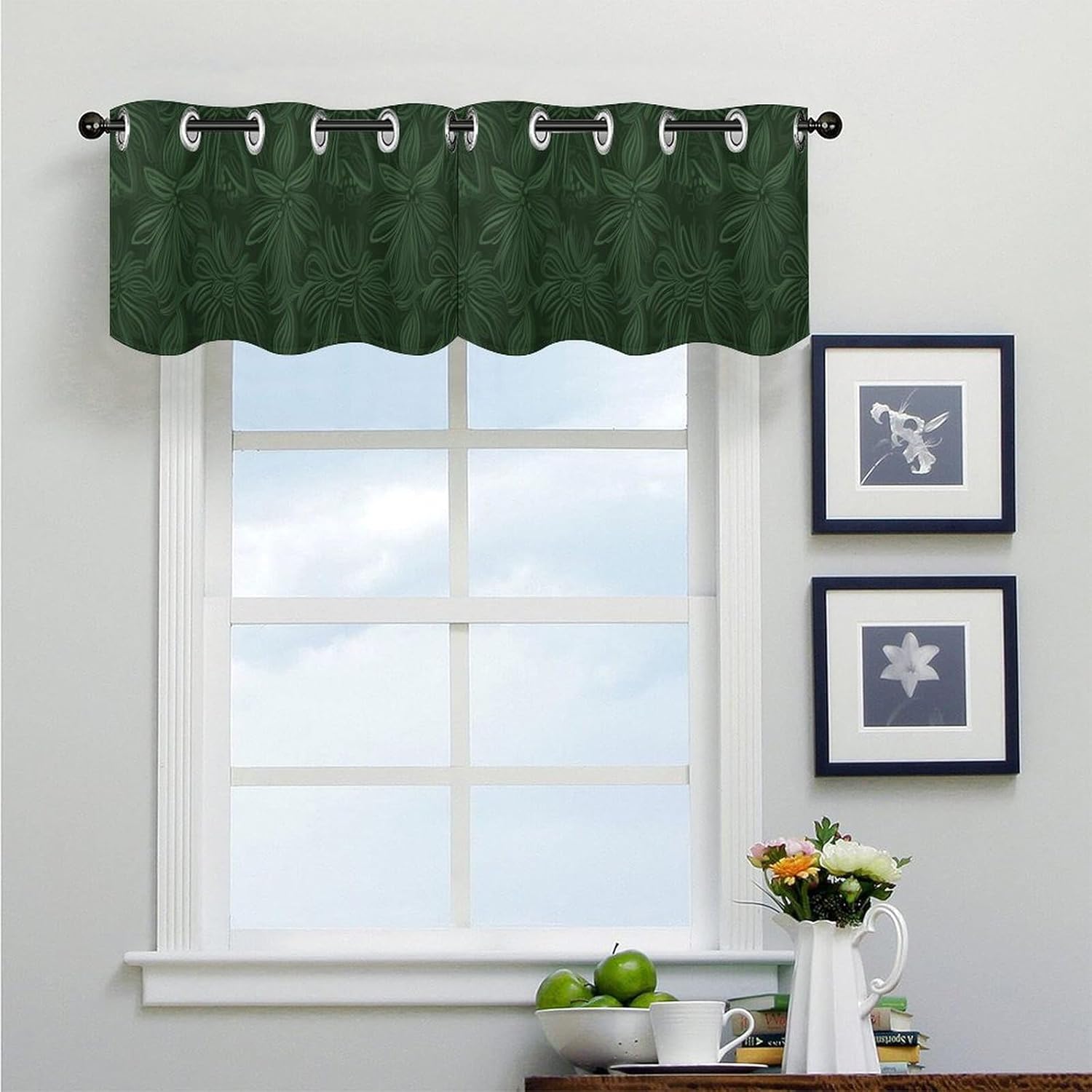Hunter Green Floral Petals Pattern Valance for Windows, 2 Pack Kitchen Curtains Modern Home Decor, Soft Blackout Window Curtains for Living Room & Bedroom, 18 X 52 Inch