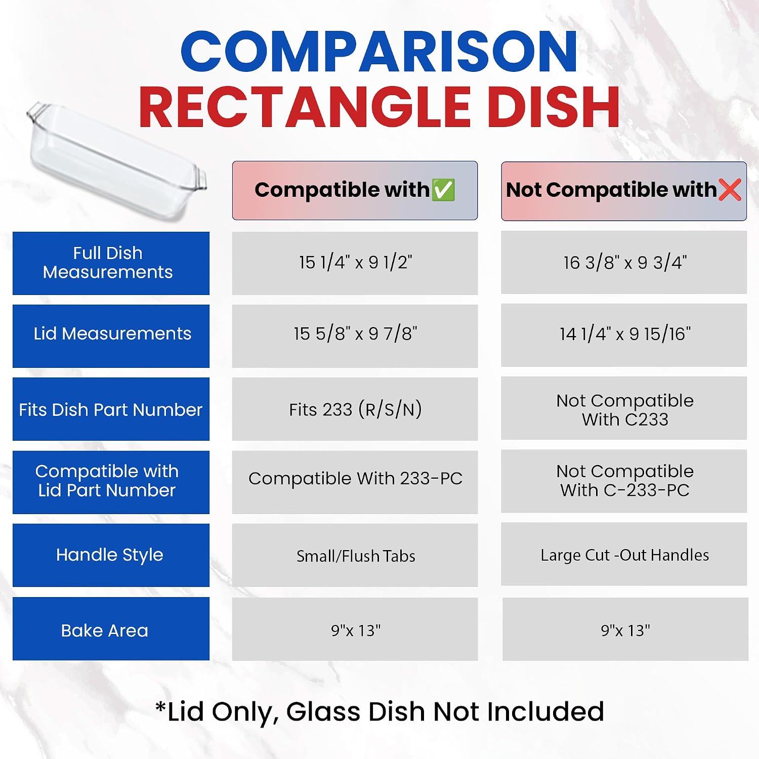 Replacement Lid fits Pyrex 9x13 233 Glass Casserole Baking Dish Container with Tab Handles, for 3-Quart Model 233-PC (Blue)