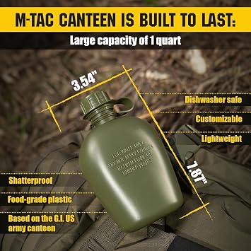 M-Tac Canteen Water Bottle - 1 Quart Water Canteen (34 Oz/1L) - Tactical Water Bottle for Military Hiking Camping Survival (Bottle & Cover Olive)