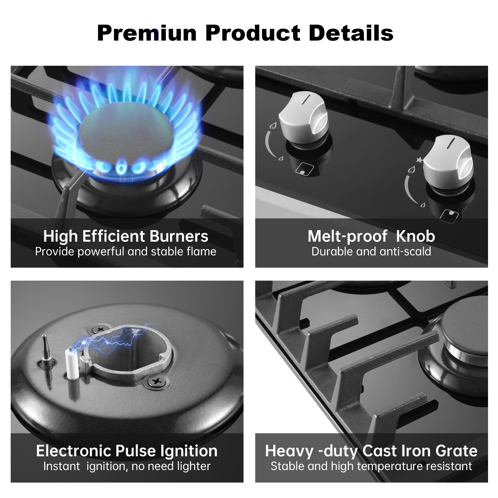 Amzgachfktch Gas Cooktop 2 Burner Propane Cooktop, 12 Inch Gas Stove Top with Thermocouple Protection, LPG/NG Dual Fuel Built-in Tempered Glass Stove for Apartment, Indoor, RV - 4