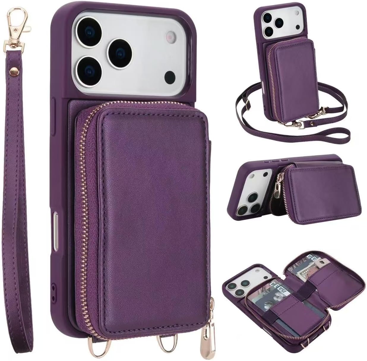 Crossbody Wallet Case for iPhone17 ProMax 6.9",RFID Blocking PU Leather Zipper Phone Case Bag Flip Folio Cover with Card Slots,Wrist Strap Lanyard (Purple, iPhone 17 Pro Max 6.9'', iPhone 17 Pro Max)