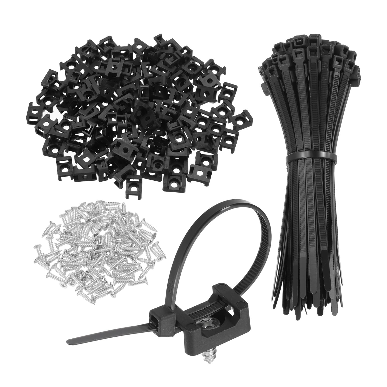 sourcing map 100pcs 22.6mm Cable Tie Saddle Type Mounts Base with 150mm Cable Zip Ties and M5 Tapping Screws M6 Hole, Wire Organizer Holder Clamps Set, Black