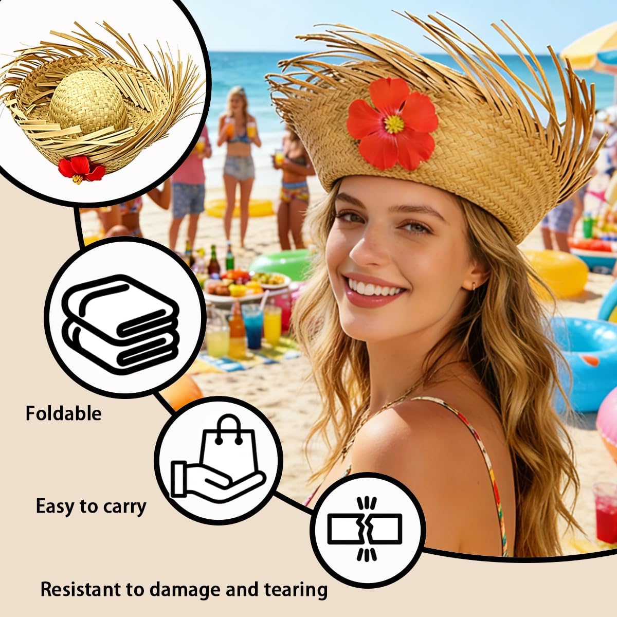 8 Pcs Straw Hat,Handmade Pavas De Puerto Rico Beach Straw Hats,Hawaiian Pava Hat Puerto Rico with Flower Headwear,Pava Straw Hat Puerto Rico Suitable for Beach Party,Luau and Festivals