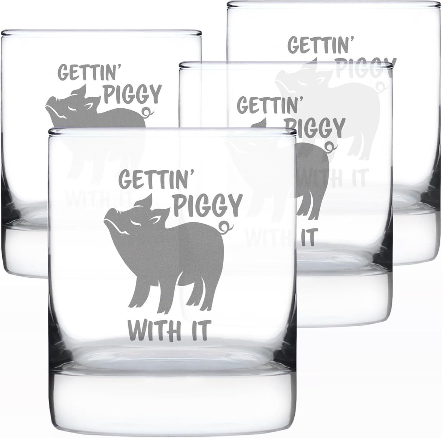 Bevvee Gettin Piggy With It - Funny Pig Whiskey Rocks Glass Gifts for Men & Women - Set of 4 - Fun Whisky Drinking Tumbler Décor