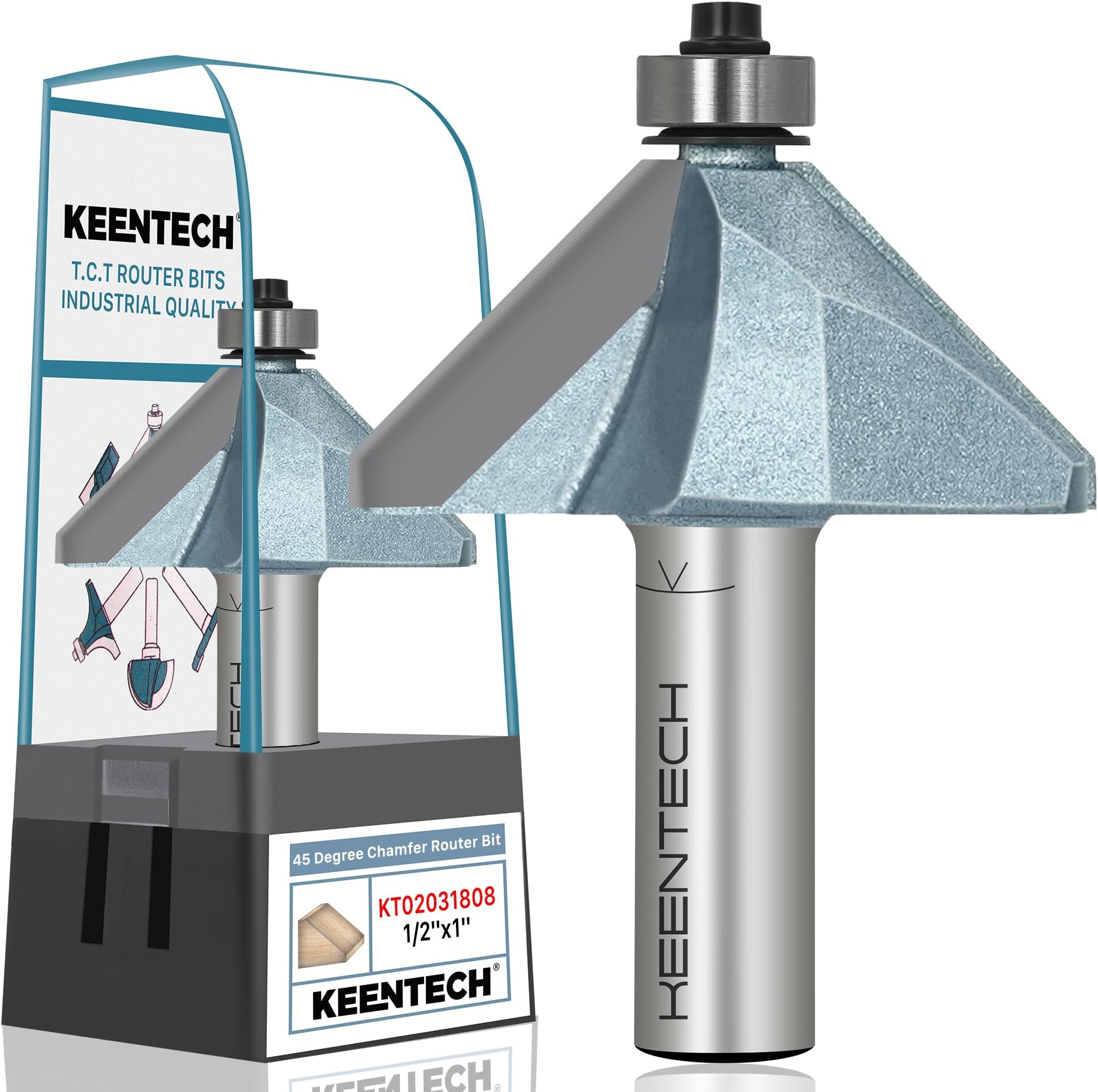KEENTECH Router Bits, Carbide Tipped 45 Degree Chamfer Router Bit for Edge Forming, Industrial Grade Blue Cutting Tools for Woodworking (1/2 Inch Shank x 1-1/8 Inch Bevel x 1 Inch Depth, KT02031808)