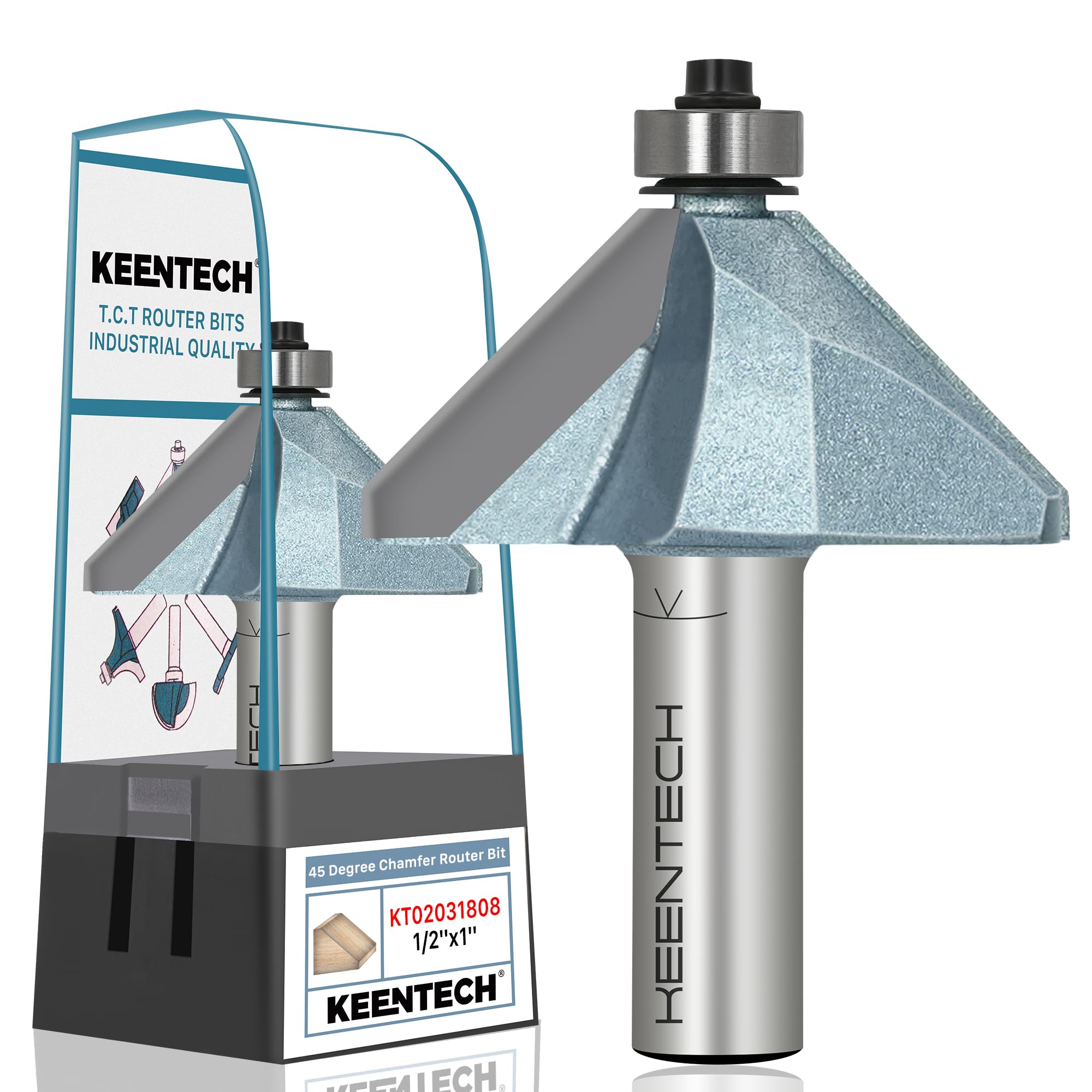 KEENTECH Router Bits, Carbide Tipped 45 Degree Chamfer Router Bit for Edge Forming, Industrial Grade Blue Cutting Tools for Woodworking (1/2 Inch Shank x 1-1/8 Inch Bevel x 1 Inch Depth, KT02031808)