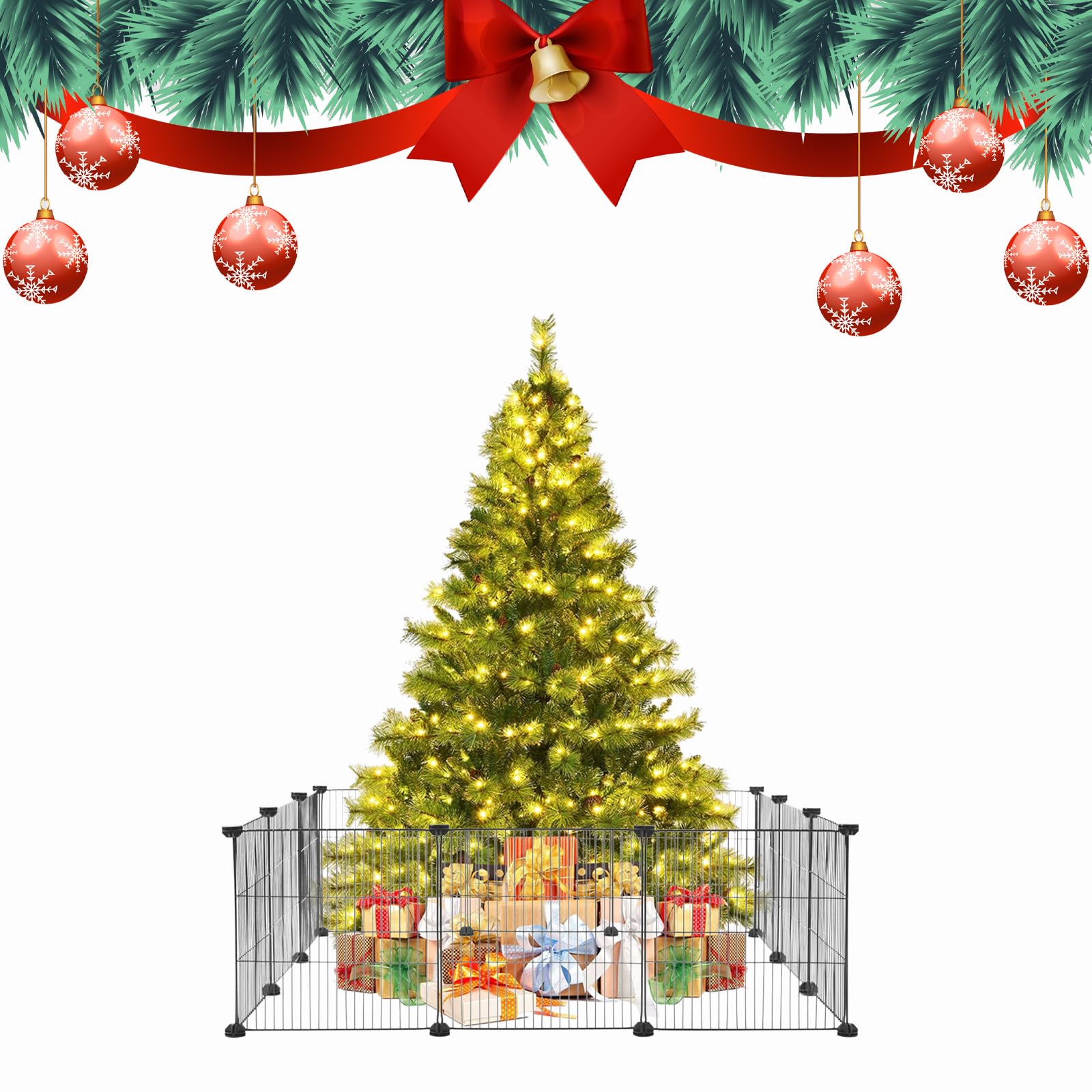 Profully 16 x 12 Inche Black Christmas Tree Fence, Christmas Tree Picket Around Christmas Tree, Fence Barrier for Dogs Cats Puppy Pets, 12Pieces