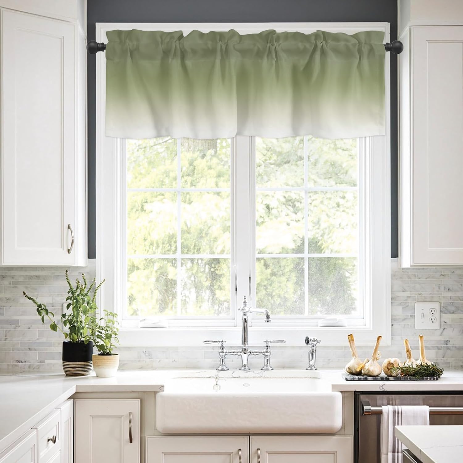Curtain Valance 42" x 18", Sage Green Ombre Window Valances Rod Pocket Curtains Drapes, Farmhouse Sage Green Ombre Short Topper Curtain for Kitchen Cafe Living Room, 1 Panel