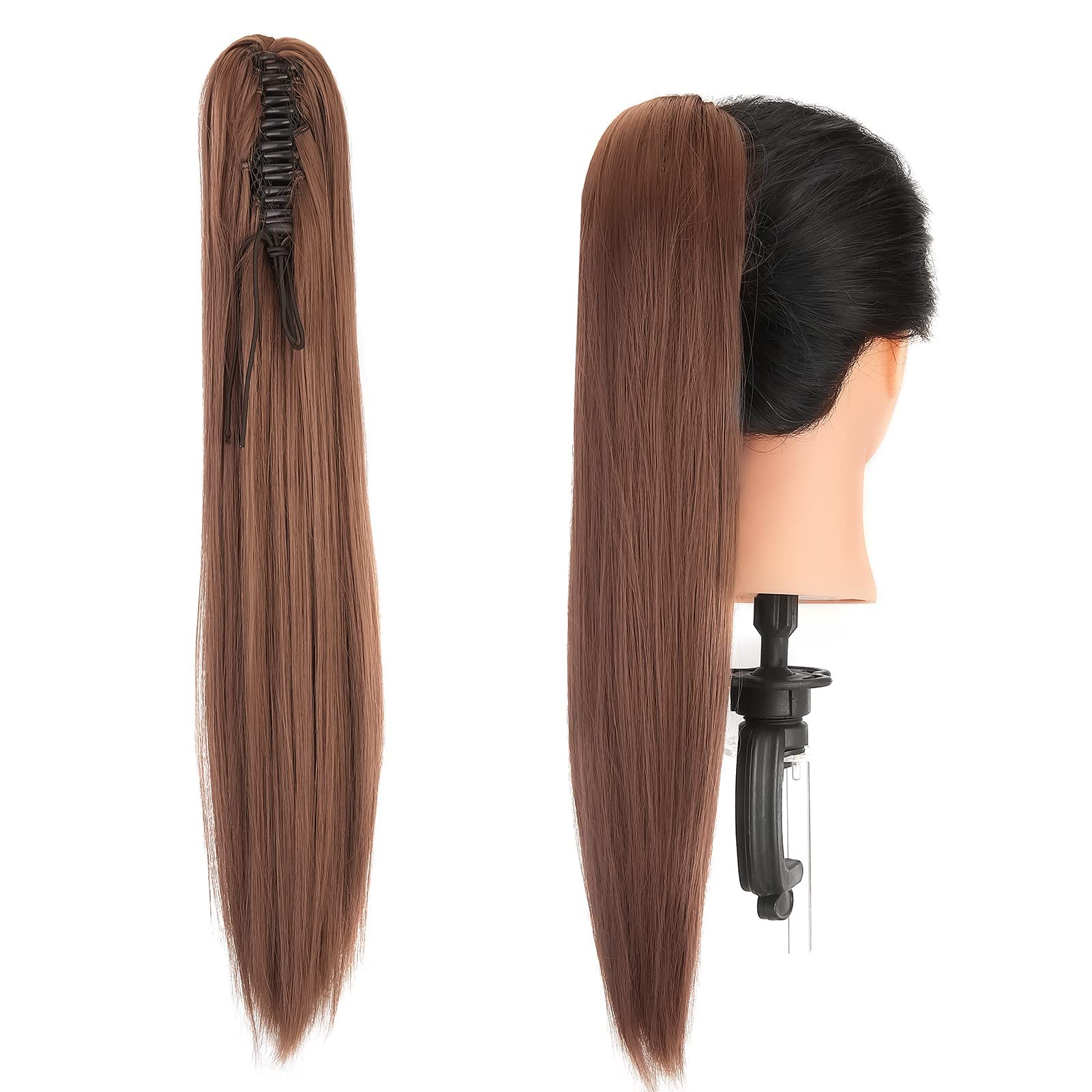 Gairyan 21" Ponytail Extension Clip in Ponytail Hair Extensions Blonde Straight Pony Tails Claw on Ponytail Long Wave One Piece Synthetic Hairpieces for Women Soft Dark Auburn
