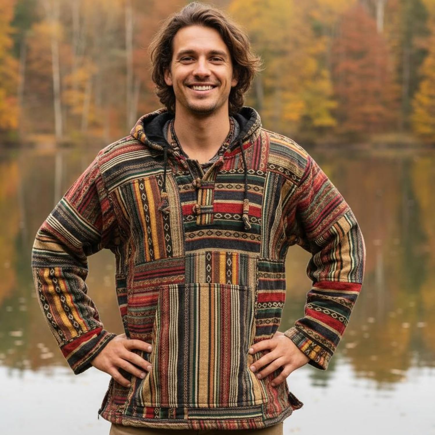 GURU SHOP Goa - Felpa con cappuccio unisex Stonewash Patchwork Baja Hoody da uomo, senape, L