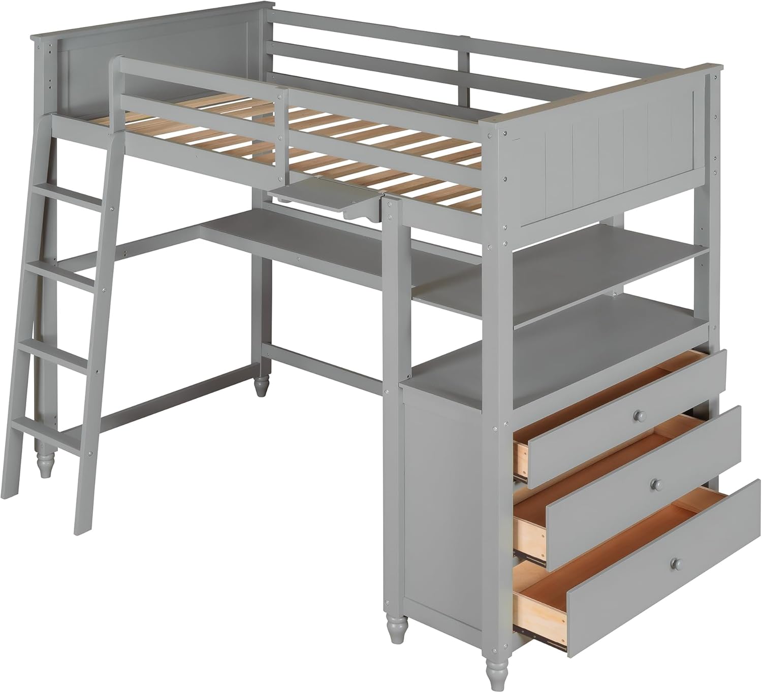Twin Size Loft Bed with Drawers and Desk, Wooden Loft Bed with Shelves - Gray