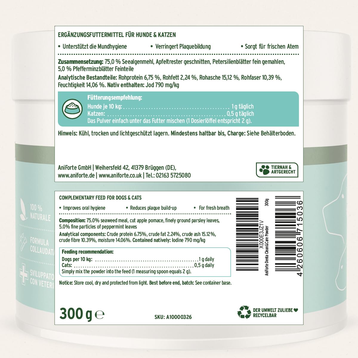 AniForte Denta Clean & Care Tartar EX polvere 300g per l'igiene orale di cani e gatti, cura dentale naturale, per prevenire alito cattivo, placca e tartaro, sostituto del dentifricio