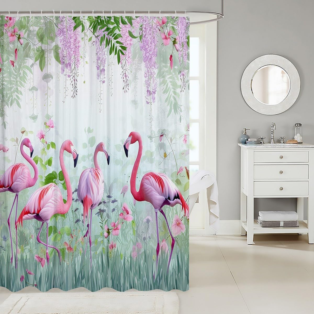 Erosebridal Flamingo Shower Curtain, Pink Flamingo Bath Curtain Hawaiian Tropical Bird Animals Bathtub Shower Curtain Girls Romantic Bathroom Decor Bathroom Sets Accessories, Pink White 72" W x 78" L