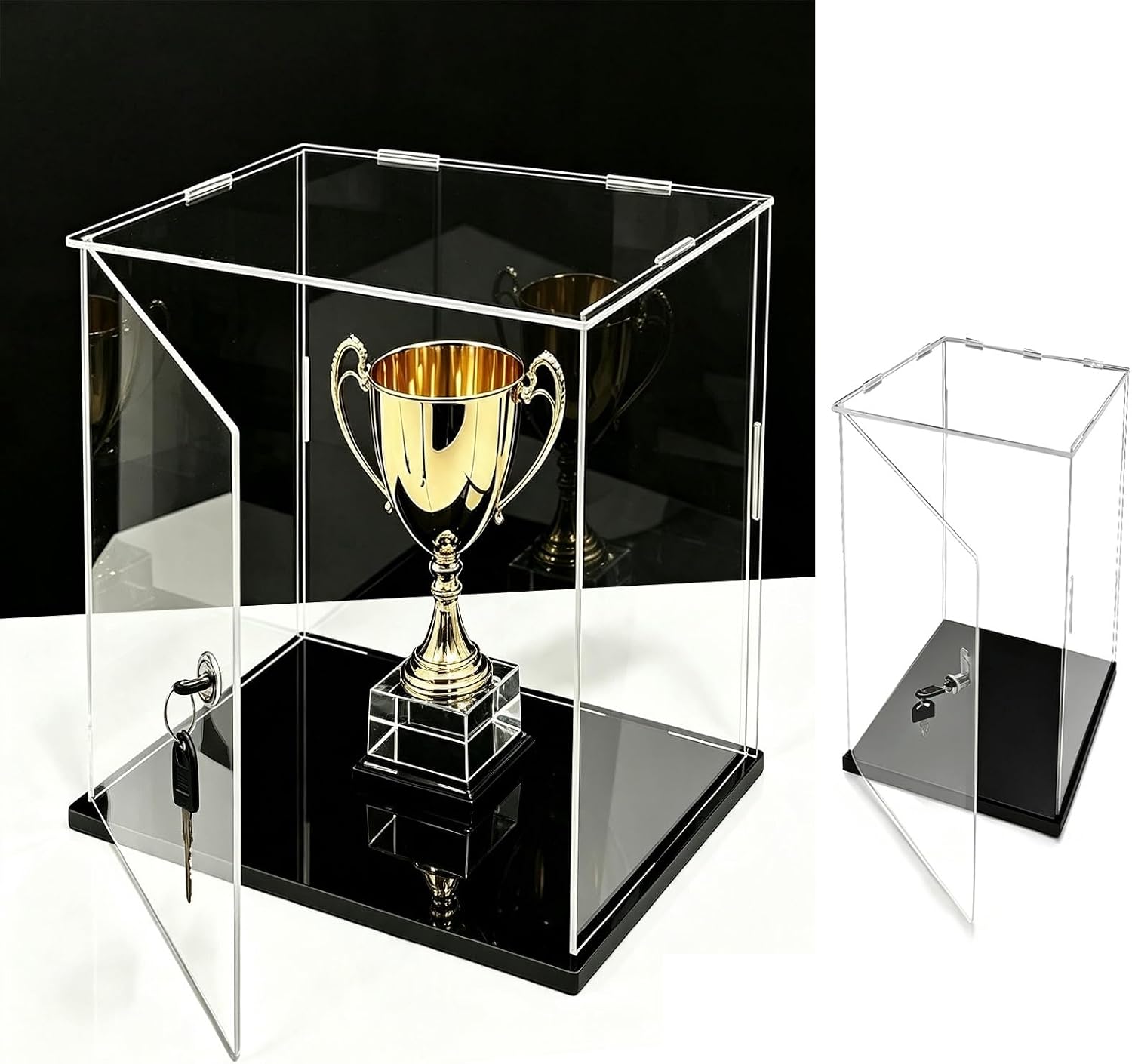 Tall Lockable Trophy Showcase with Black Base, Acrylic Memorabilia Box