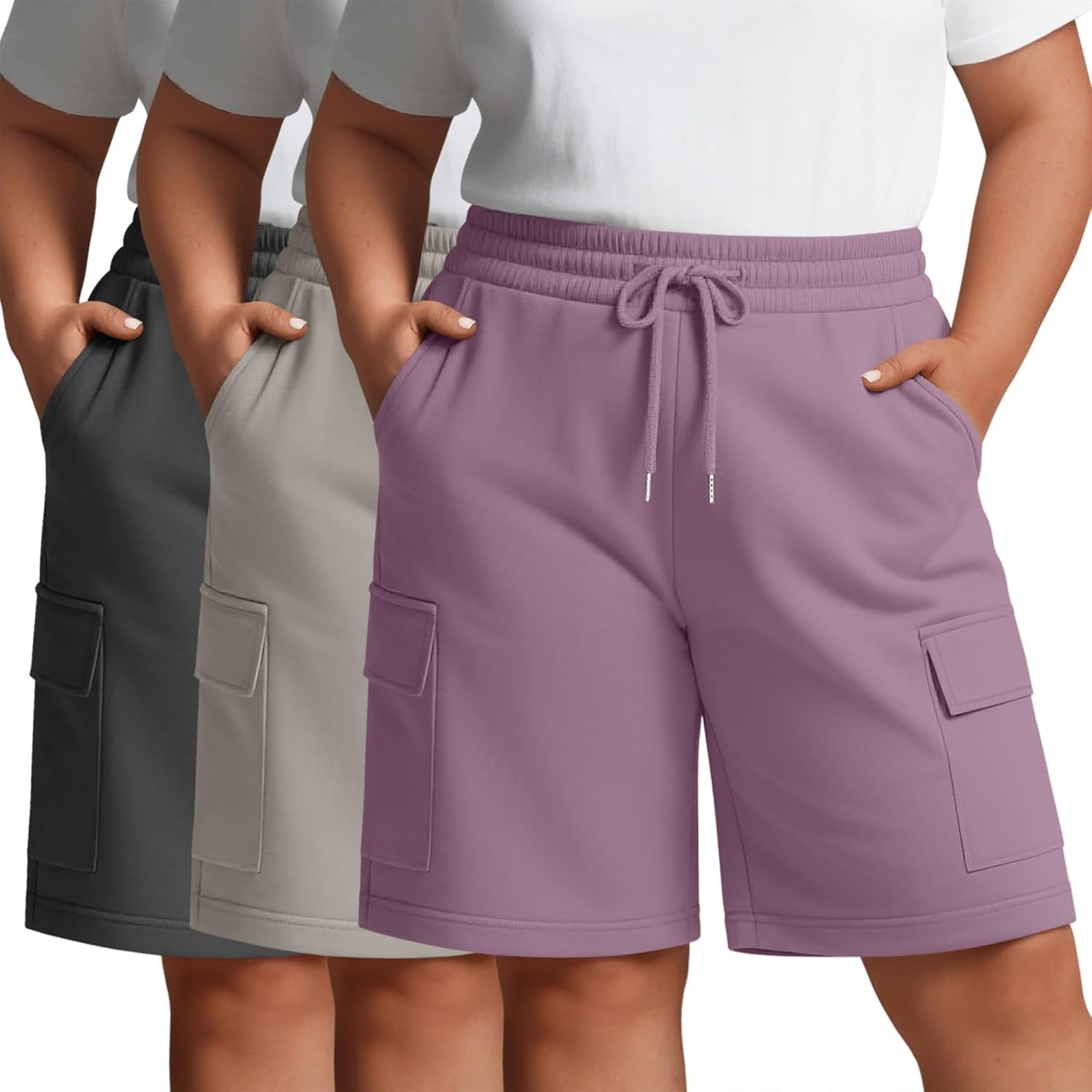Neer 3 Pack Women's Plus Size Cargo Shorts Elastic Drawstring Bermuda Short Casual Loose Athletic Yoga Shorts with 4 Pockets