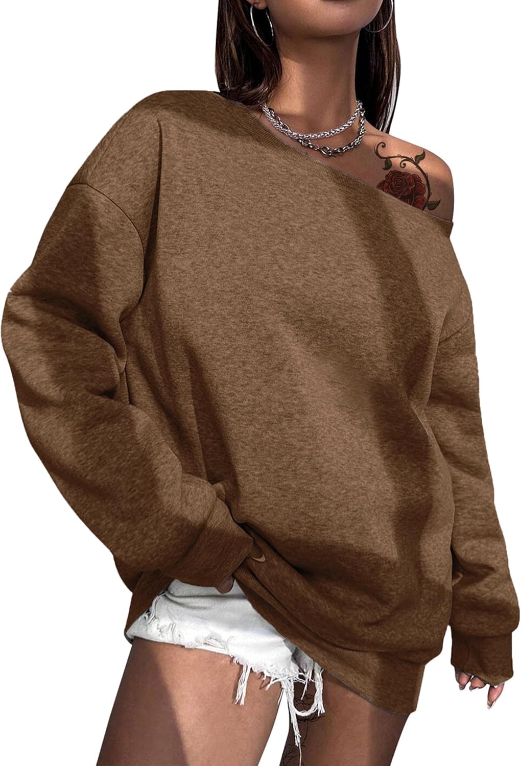 Remidoo Womens Off Shoulder Sweatshirt Drop Shoulder Oversized Long Sleeve Pullover Top - Image 3