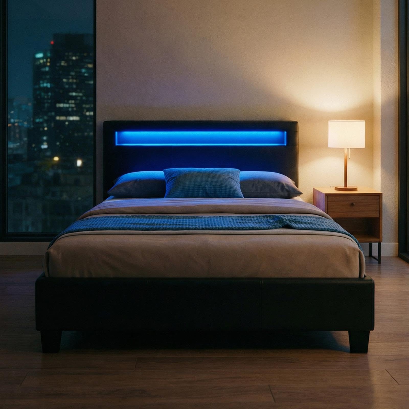 CARO-Möbel Polsterbett MIRASOL 120x200 cm, Schwarz - Einzelbett mit LED Beleuchtung im Kopfteil, inkl. Fernbedienung, Jugendbett aus Kunstleder mit Lattenrost