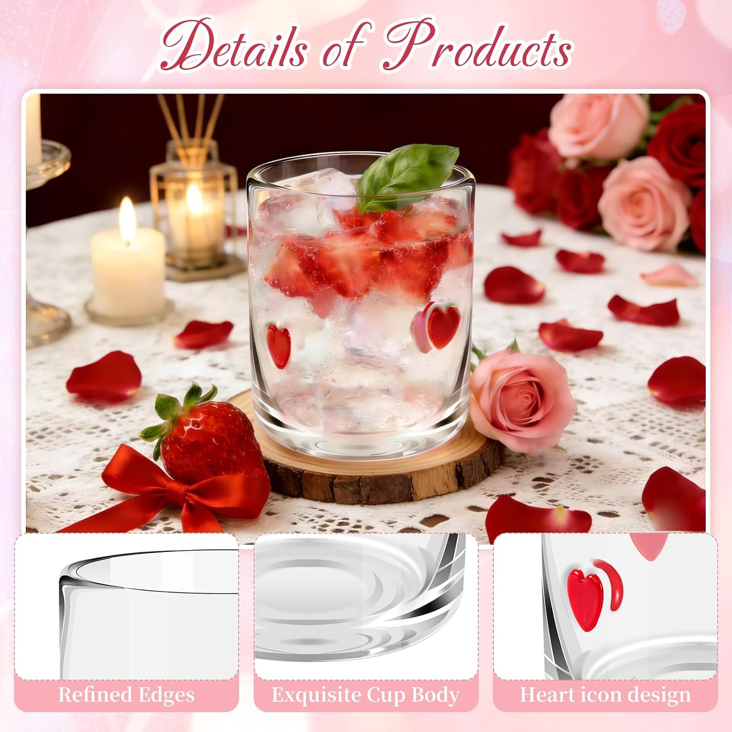14 Ounce Heart Icon Juice Glasses, Valentines Glass Juice Cups Cocktail Glasses Aesthetic Drinking Glass Old Fashioned Iconic Glasses for Women Sister Friend Party image 3