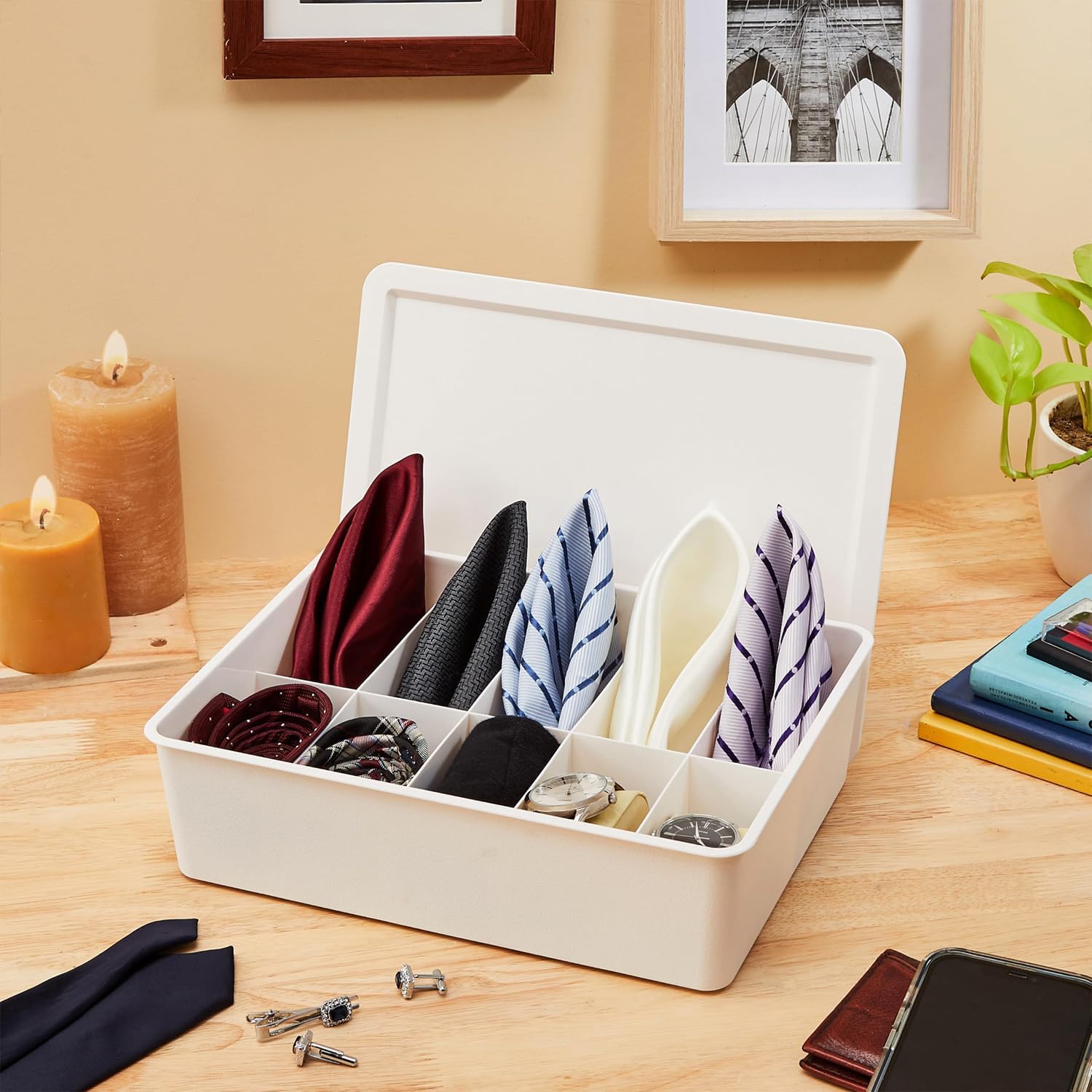 Amazon Brand - Solimo Cloth Storage Box 10 Compartment with Lid | Wardrobe Organizer for Clothes | 30 x 23 x 9 cm (White) offers donot miss