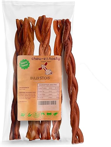 chew-e&tasty Palitos de carne de res para perros de 12 pulgadas trenzados grandes sin olor (5 palos) – Masticables de carne de res de larga duración