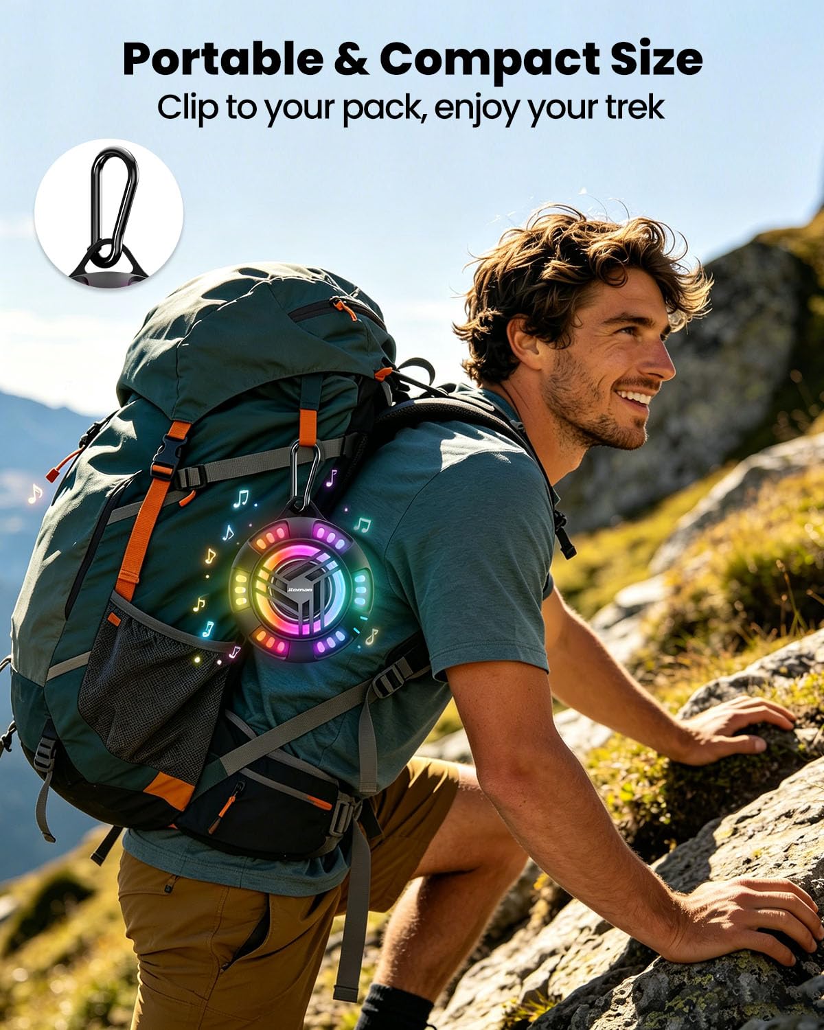 JTEMAN Altoparlante da doccia Bluetooth impermeabile portatile, IPX7, altoparlante esterno impermeabile con 7 modalità di luce LED, ventosa e moschettone, altoparlante wireless galleggiante per