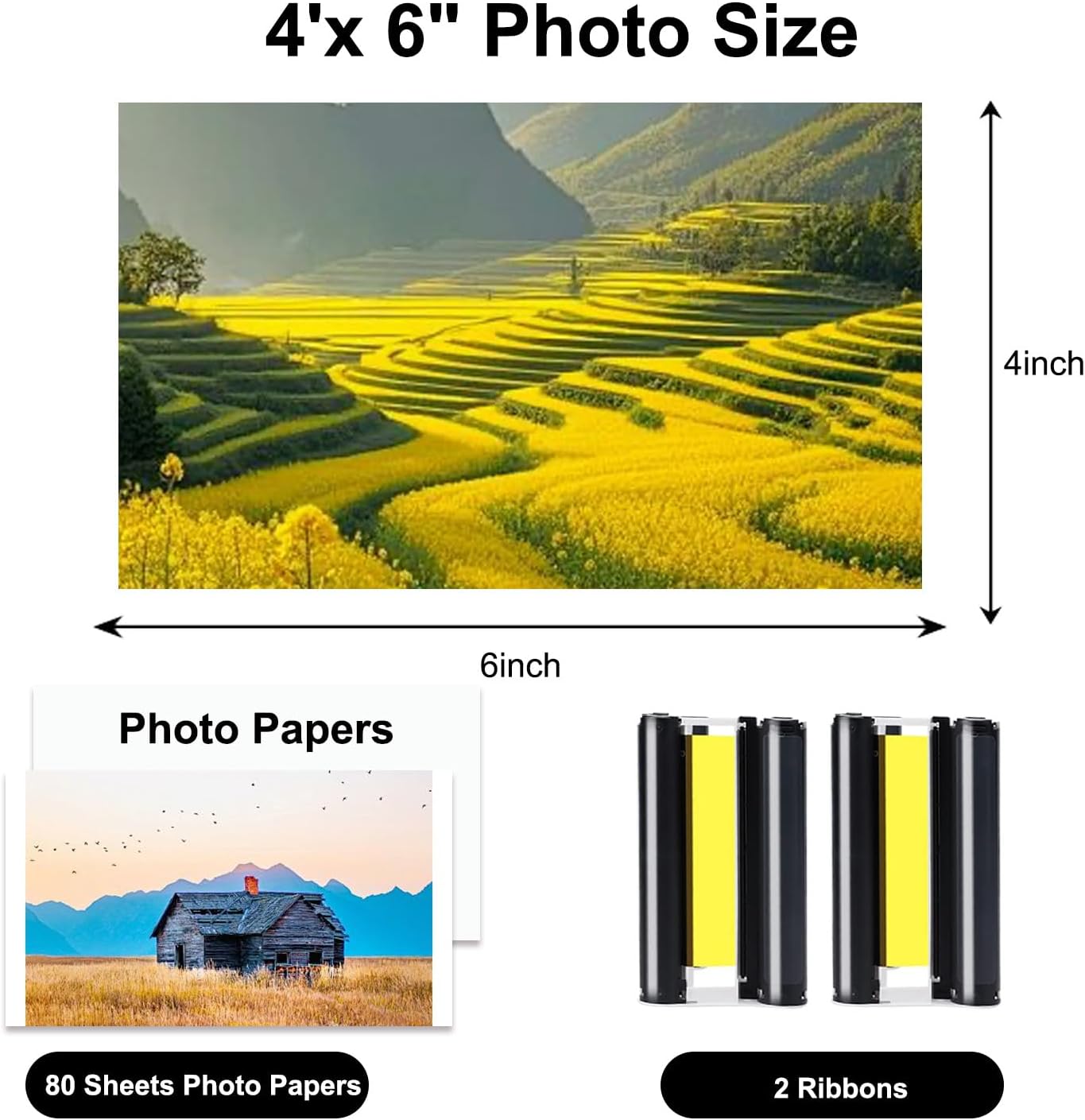 Compatible with Liene Amber M100/M200/M110/M210 4x6" Photo Printer 80 Sheets Photo Paper & 2 Ink Cartridges Refill,Only for DHP512/DHP513/DHP514/DHP515 Printer, Waterproof/Antioxidant/No Fading