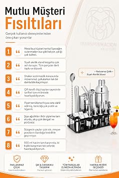 Transformacion 550 ml Kokteyl Shaker Seti 24 Parça Siyah Akrilik Standlı Profesyonel Paslanmaz Çelik Metal Buz Küplü Ev Barı Miksoloji Seti 723388