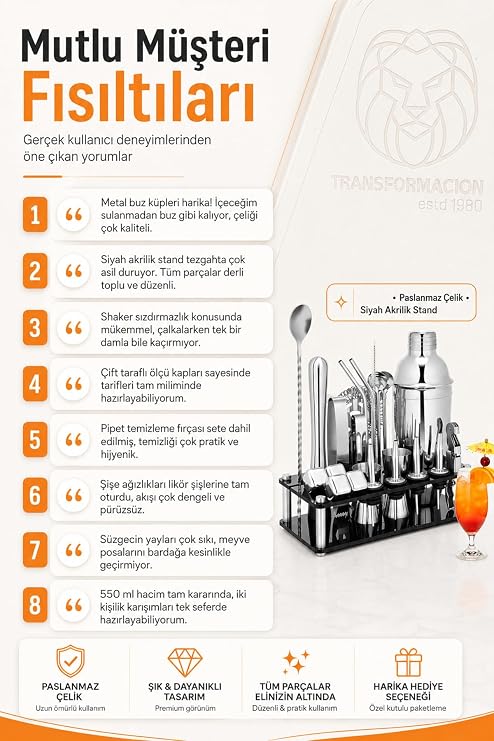 Transformacion 550 ml Kokteyl Shaker Seti 24 Parça Siyah Akrilik Standlı Profesyonel Paslanmaz Çelik Metal Buz Küplü Ev Barı Miksoloji Seti 723388